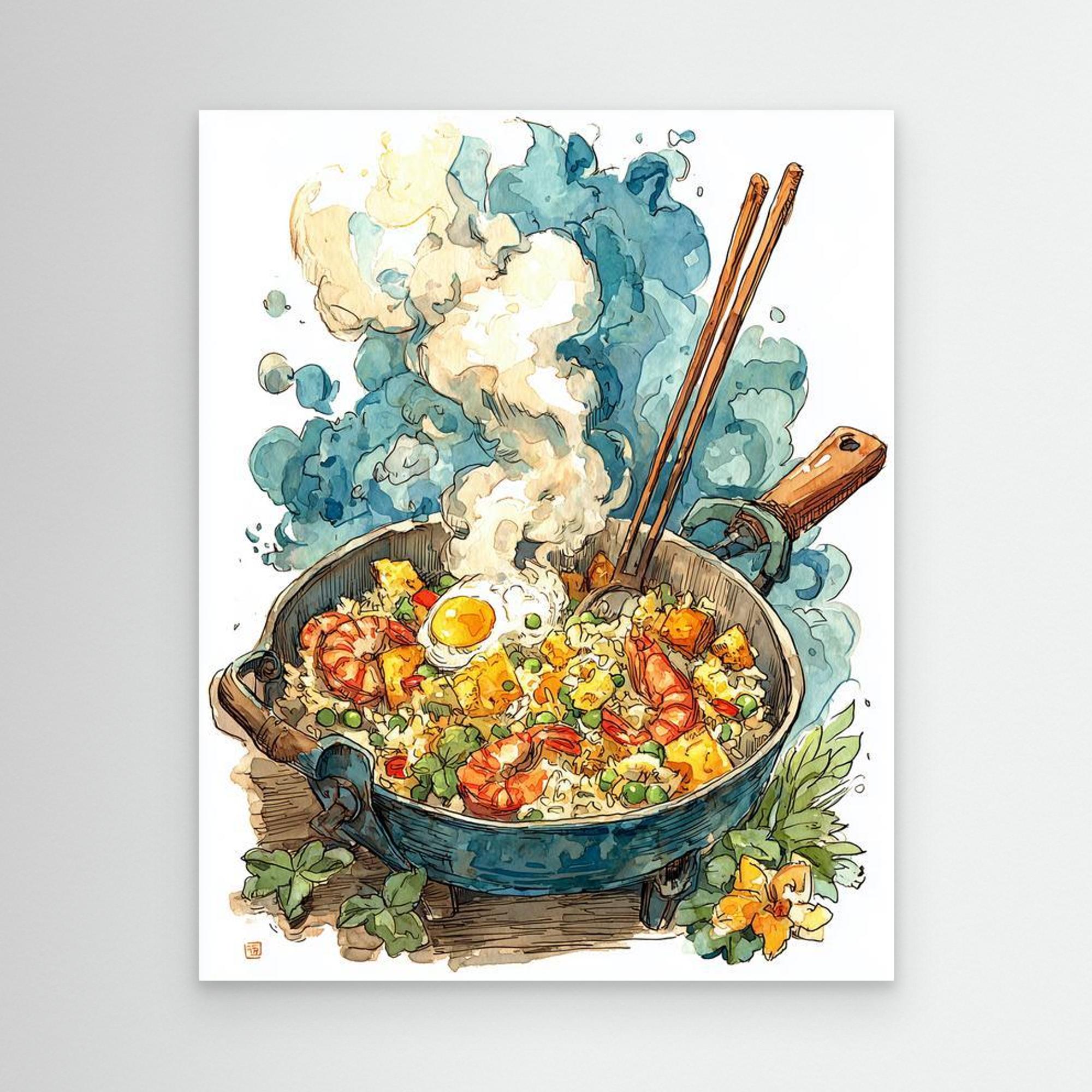 Colourful Steaming Wok Fried Rice Kitchen Canvas Wall Art