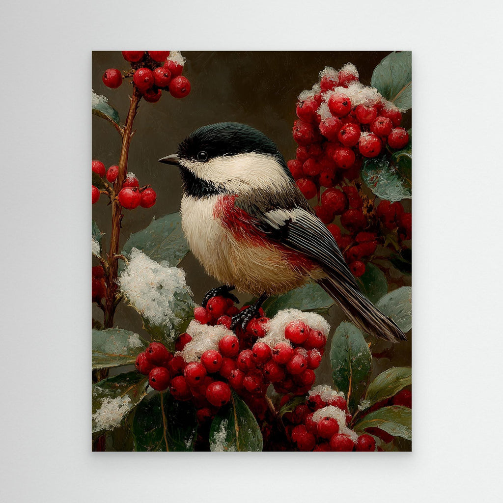 Hallway Bird Wall Art – Chickadee & Red Berries Canvas - Framed Pop Art