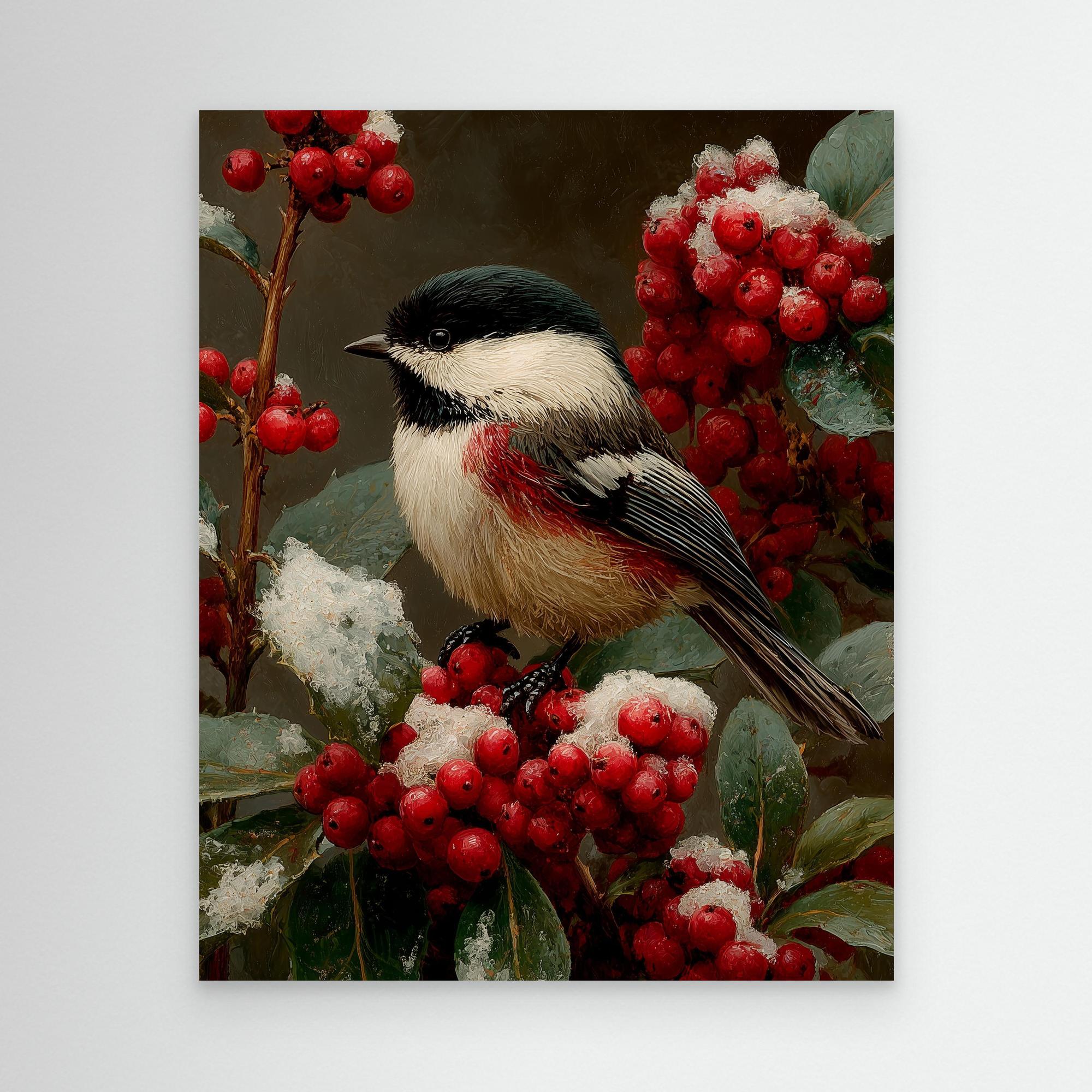 Hallway Bird Wall Art – Chickadee & Red Berries Canvas - Framed Pop Art