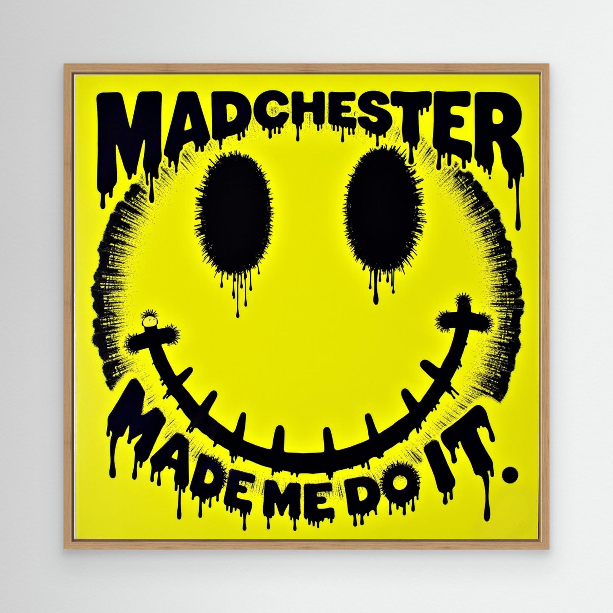 Madchester Made Me Do It | Retro Smiley Face Canvas Wall Art - Framed Pop Art