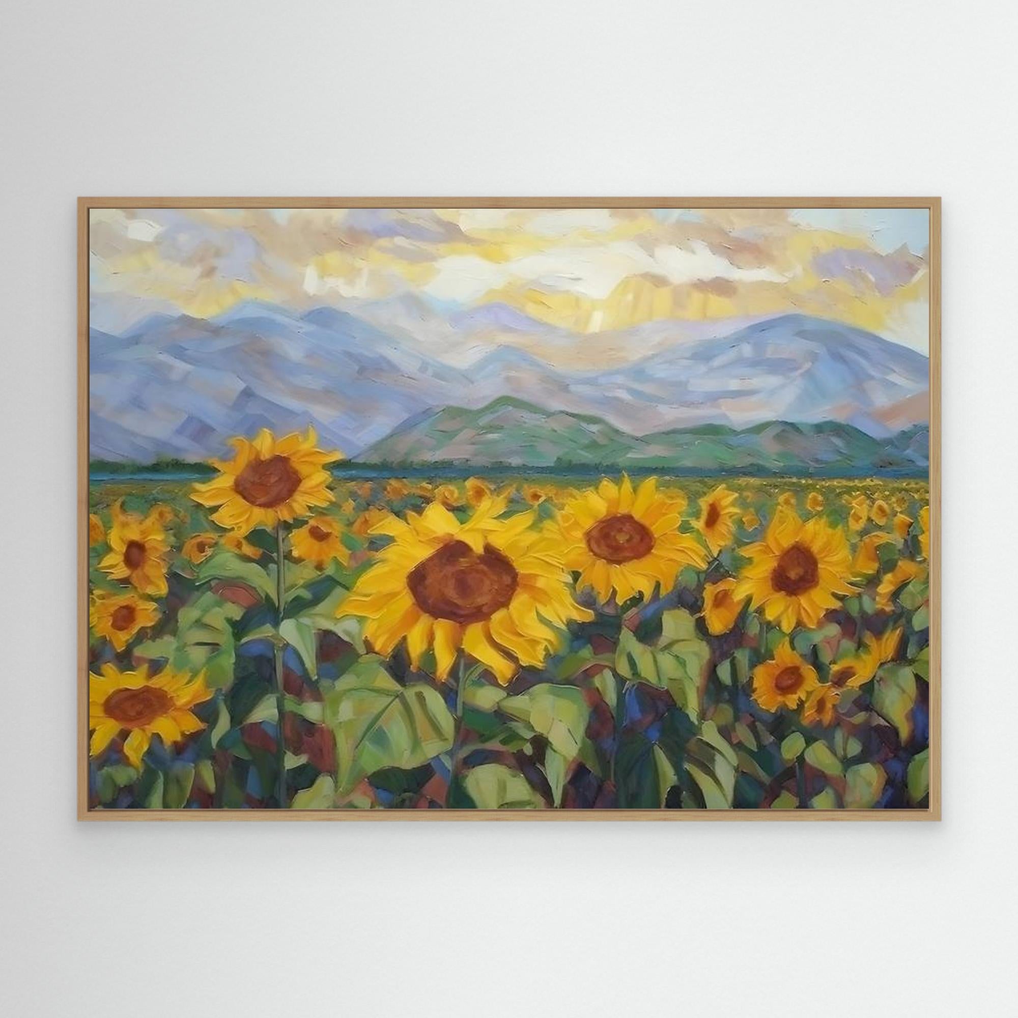 Sunflower Field Mountain Landscape | Hallway Wall Art - Framed Pop Art