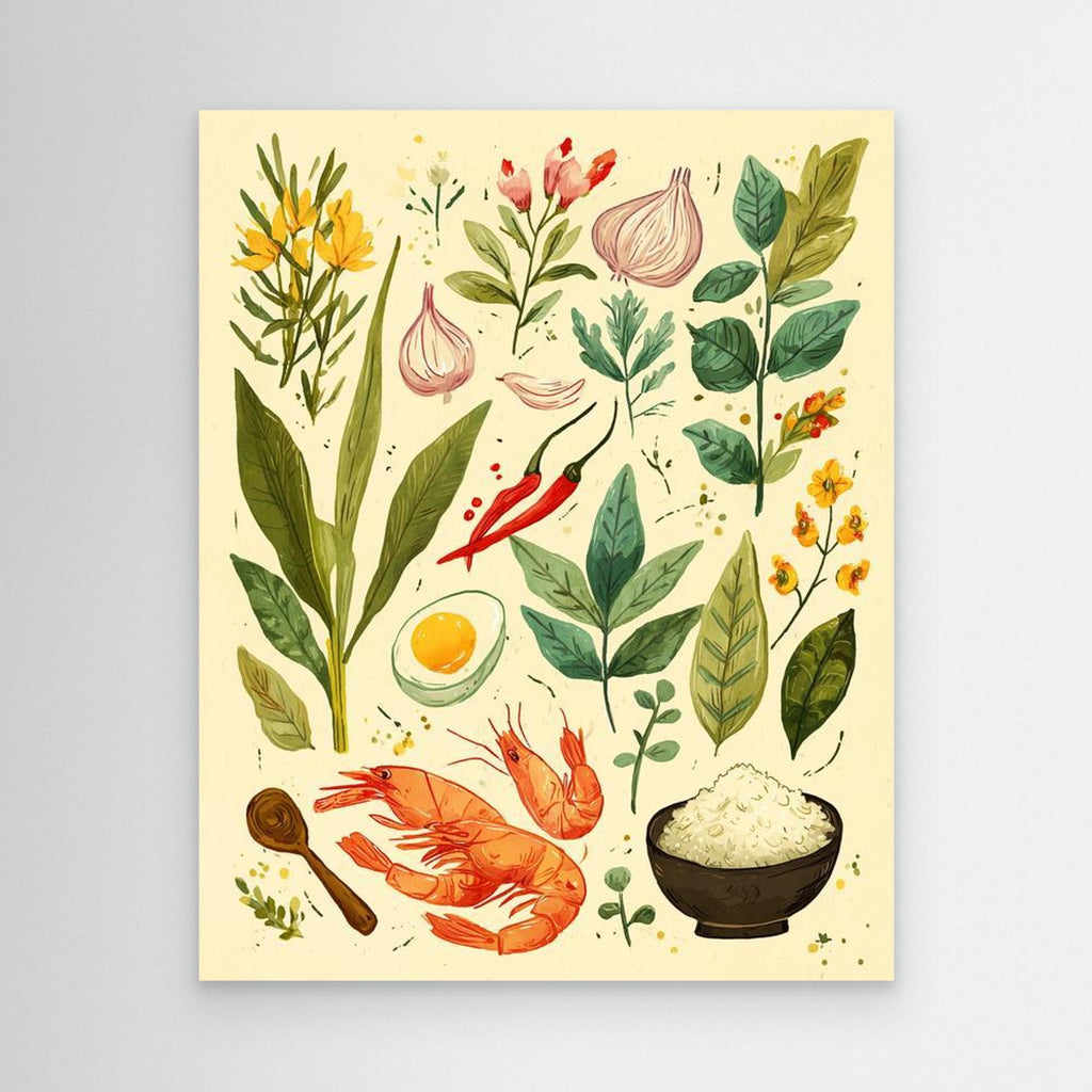 Herb & Prawn Kitchen Ingredients Canvas Print Art