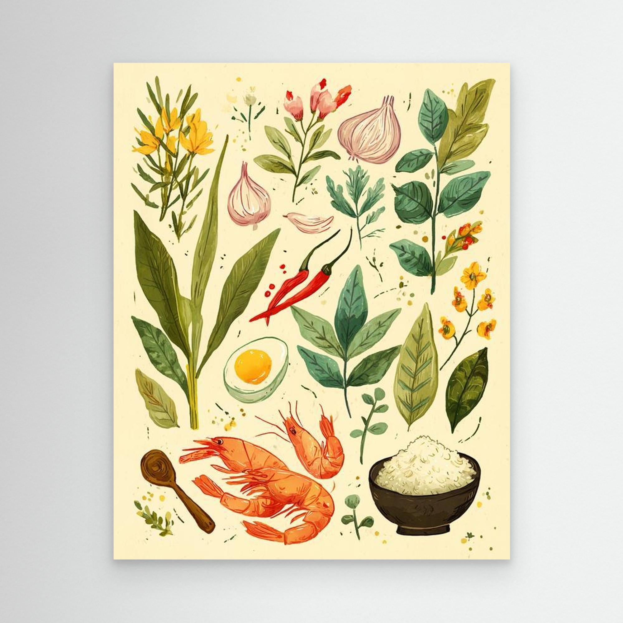 Herb & Prawn Kitchen Ingredients Canvas Print Art