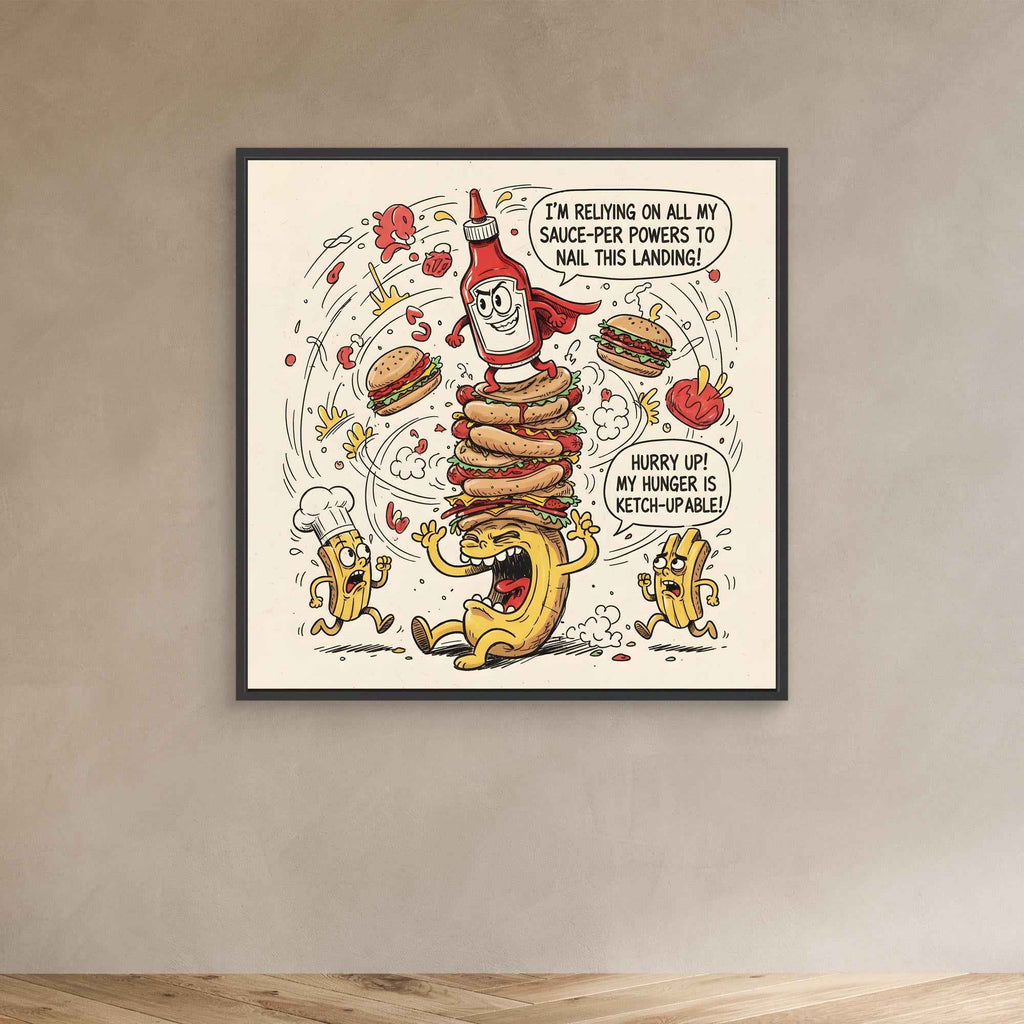Funny Ketchup Burger Canvas Wall Art - Framed Pop Art