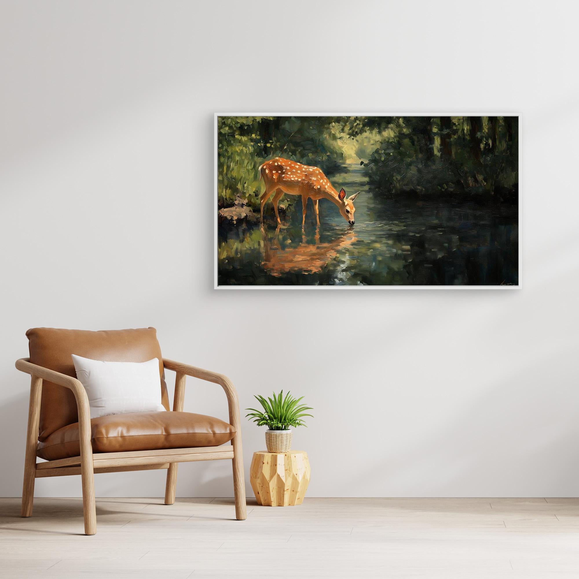 Tranquil Deer in Forest Stream Canvas Wall Art - Framed Pop Art
