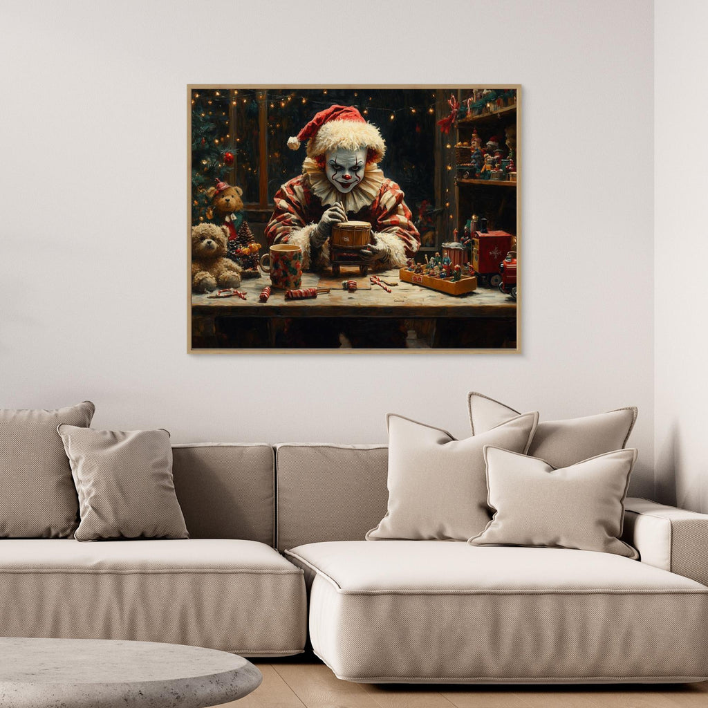 Creepy Christmas Clown Toy Workshop Canvas Print - Framed Pop Art