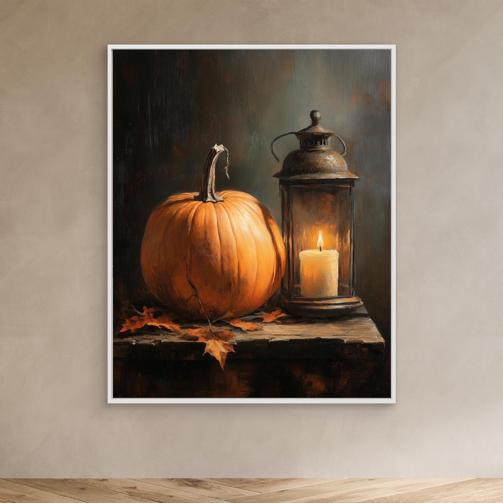 Rustic Autumn Pumpkin & Lantern Canvas Wall Art - Framed Pop Art