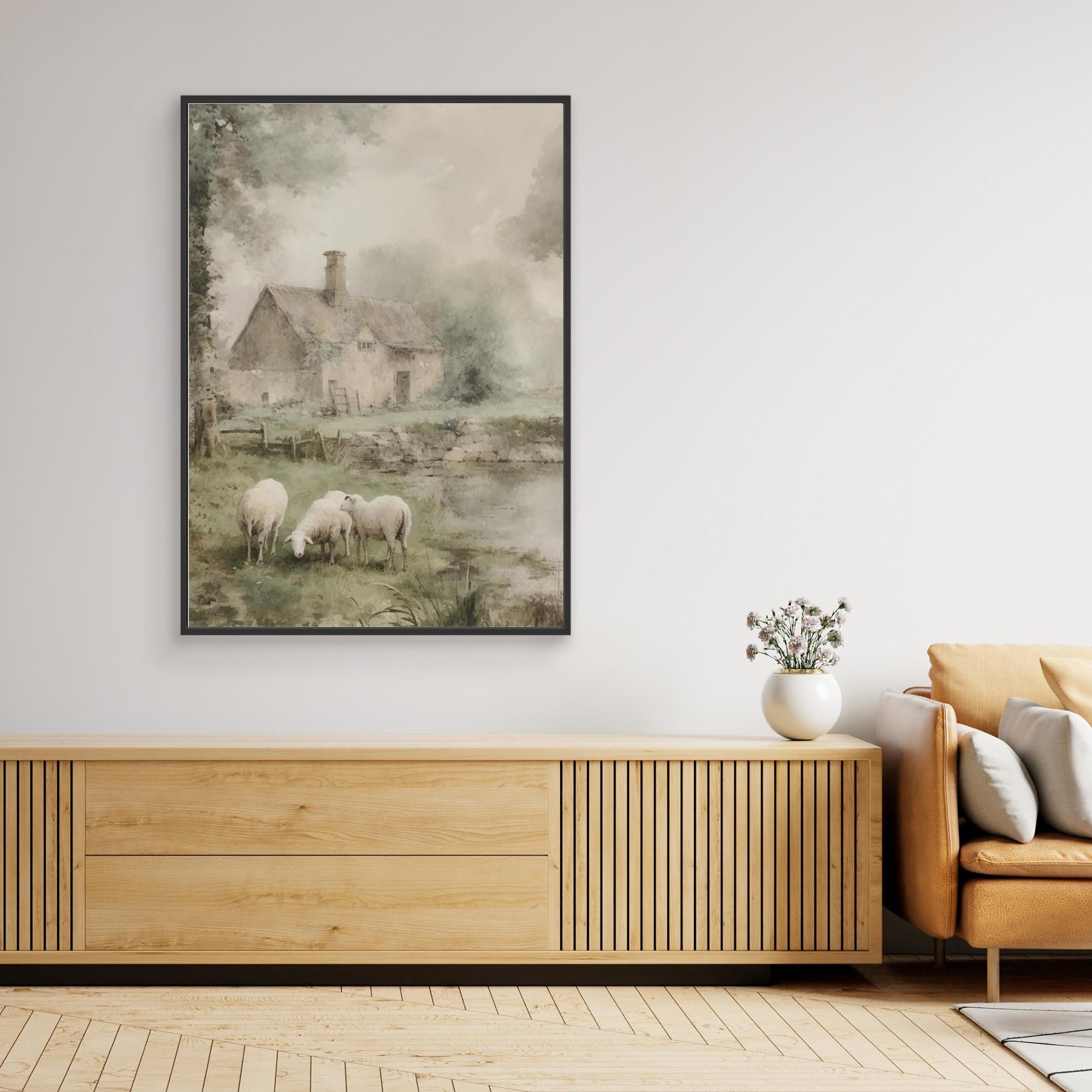Sheep & Country Cottage Watercolour | Farmhouse Hallway Art - Framed Pop Art