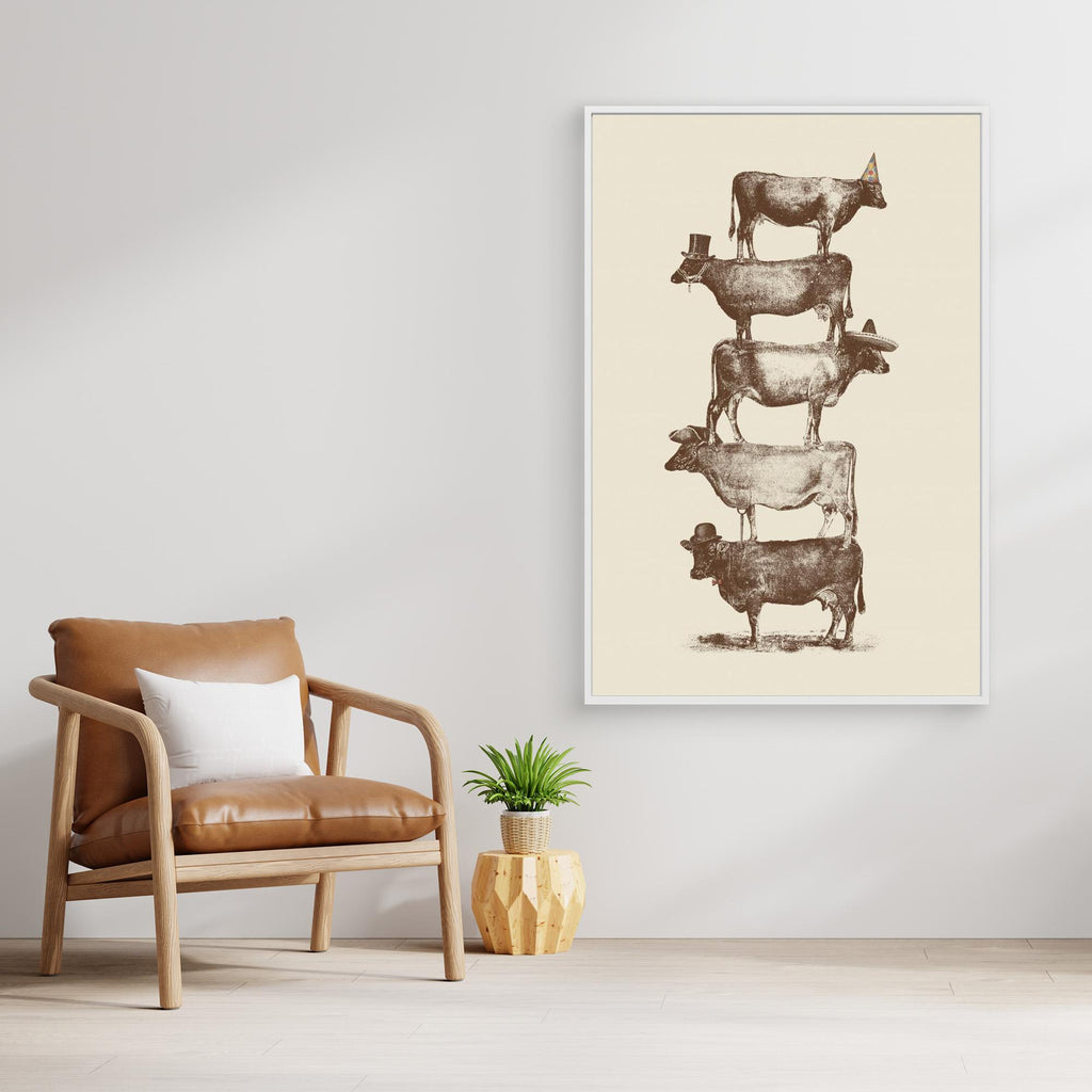 Hallway Wall Art – Quirky Stacked Cows Vintage Canvas Print - Framed Pop Art