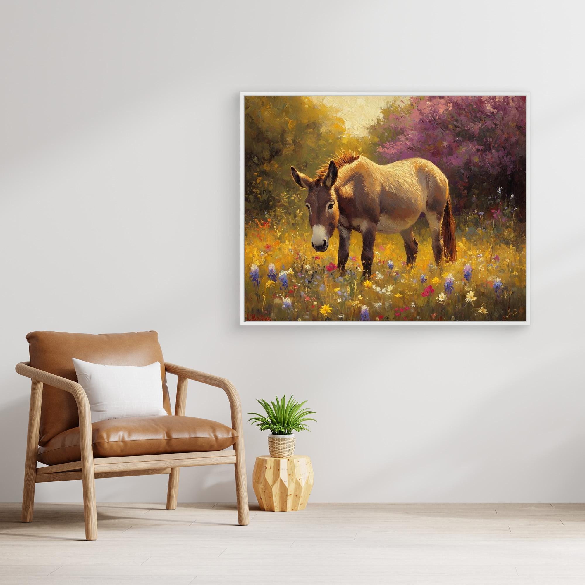 Donkey in Wildflower Meadow Canvas Wall Art | Country Decor - Framed Pop Art