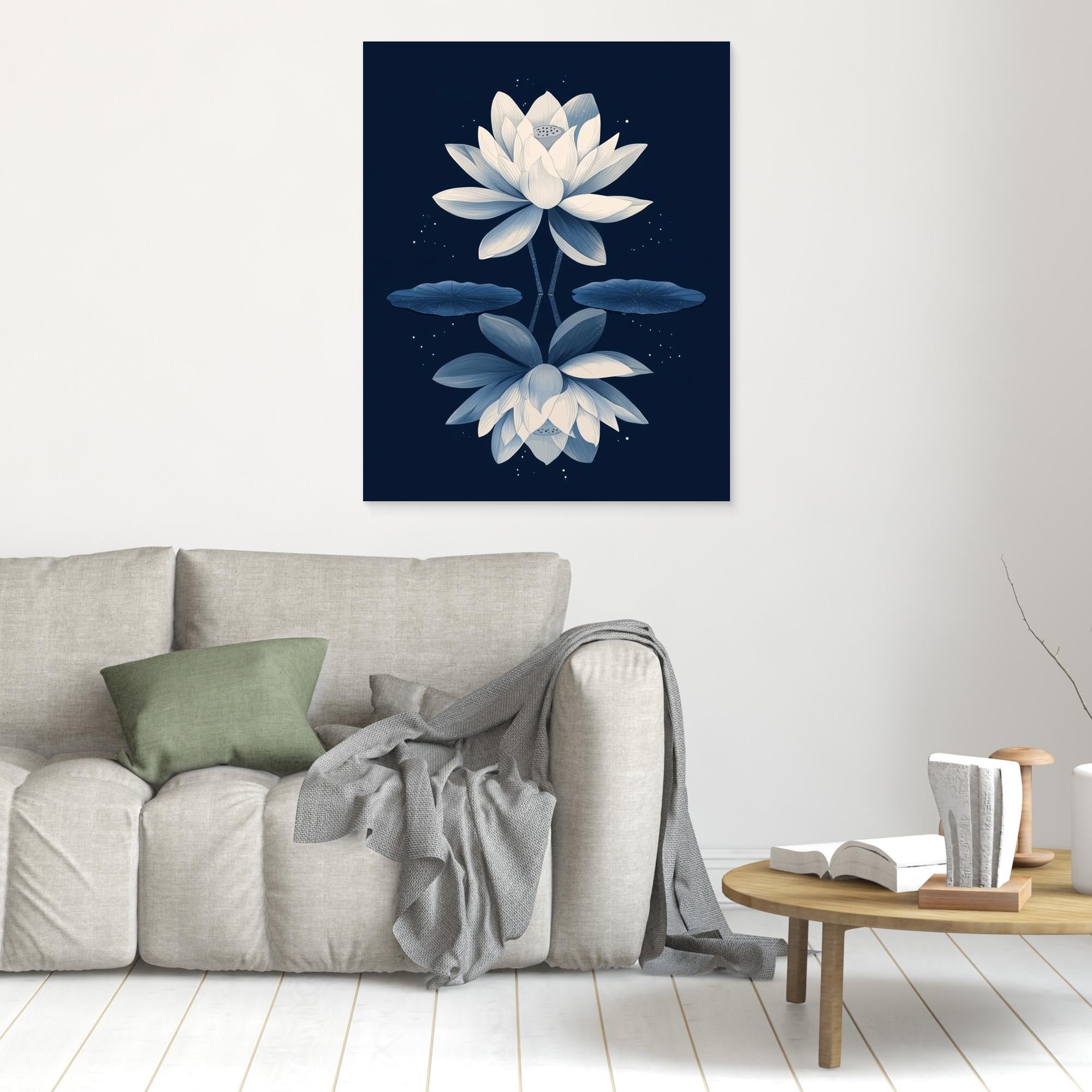 Navy Blue Lotus Flower Mirror Art Print | Zen Wall Decor - Framed Pop Art