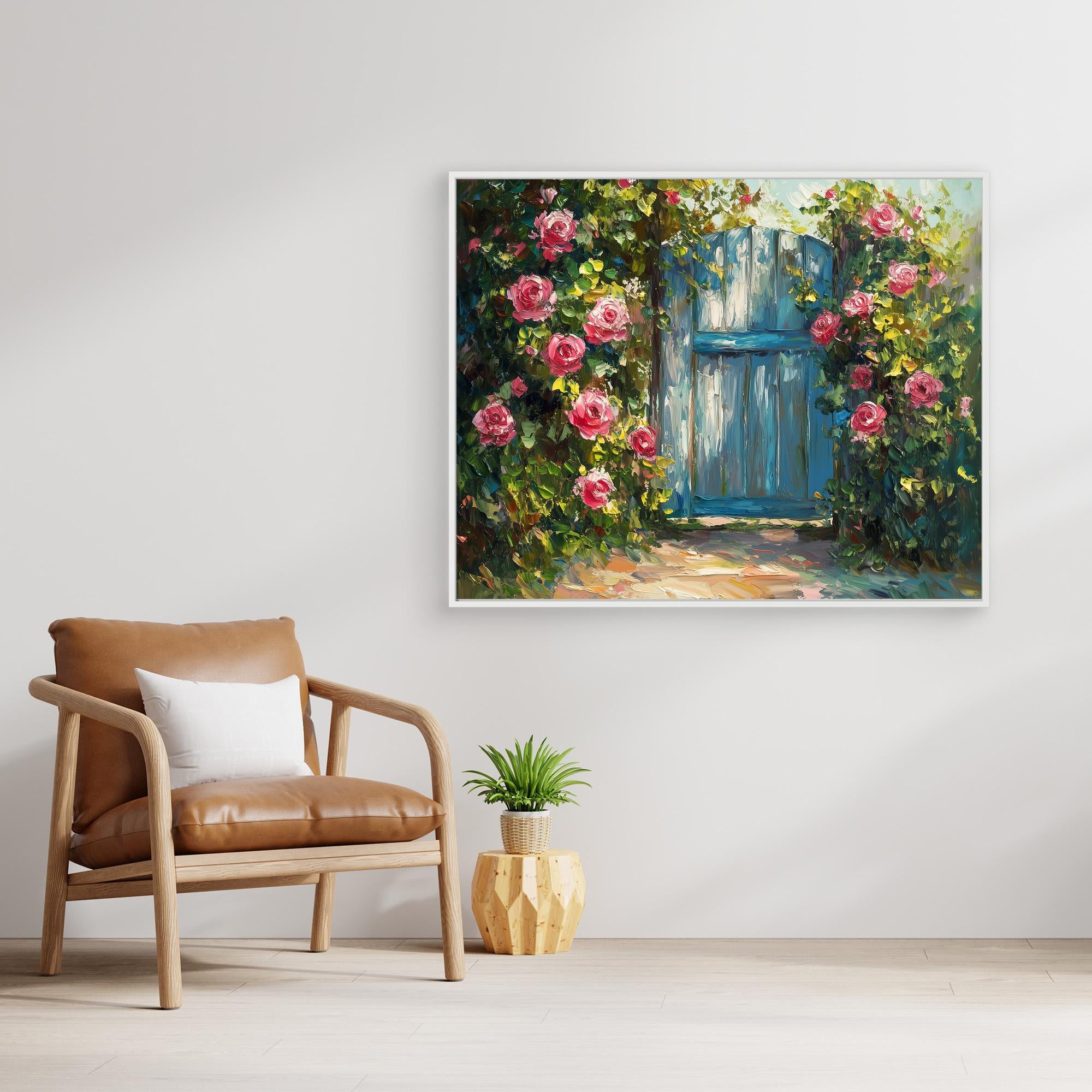 Hallway Wall Art – Blue Garden Gate & Pink Roses Canvas - Framed Pop Art