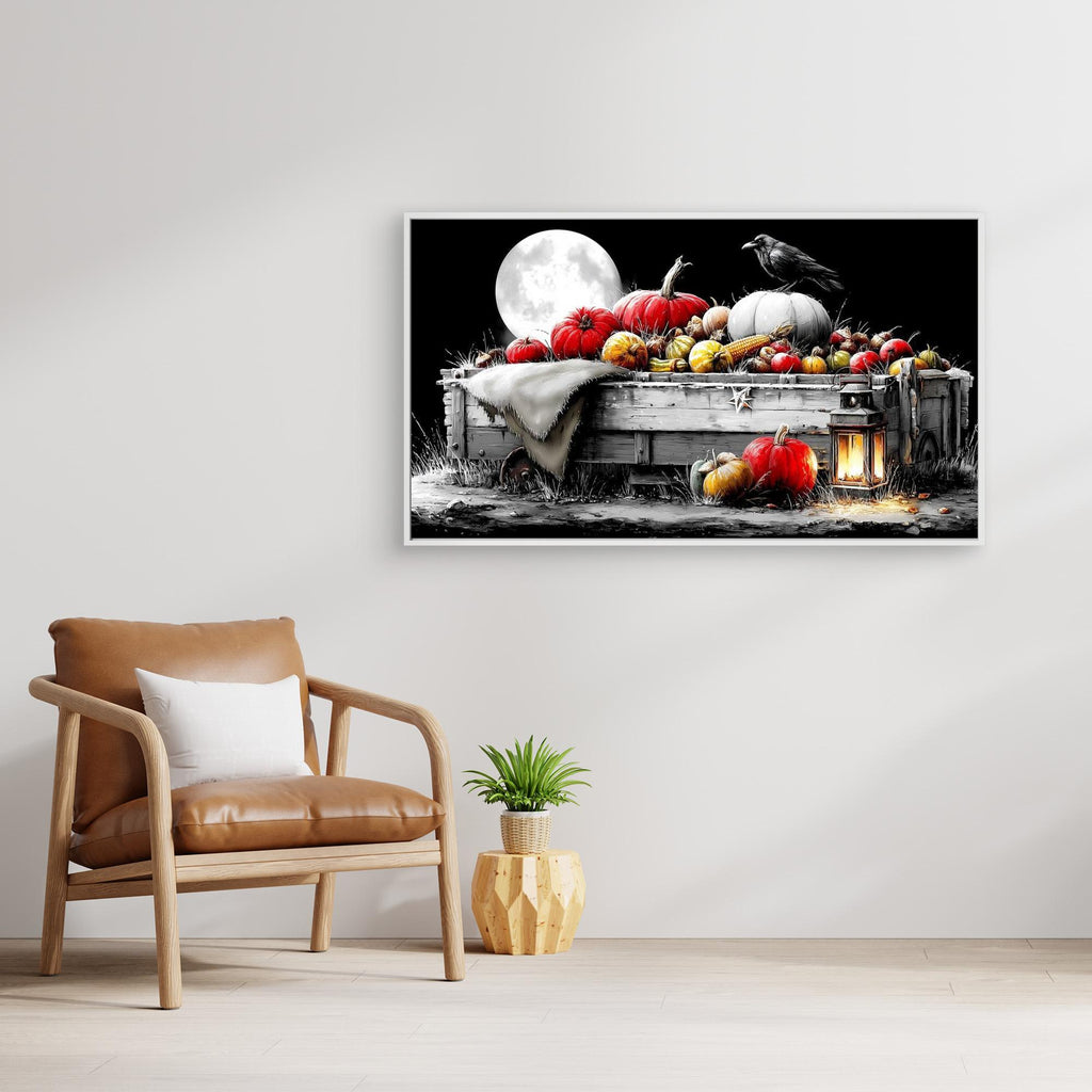 Moonlit Harvest Cart Halloween Canvas Wall Art Print - Framed Pop Art