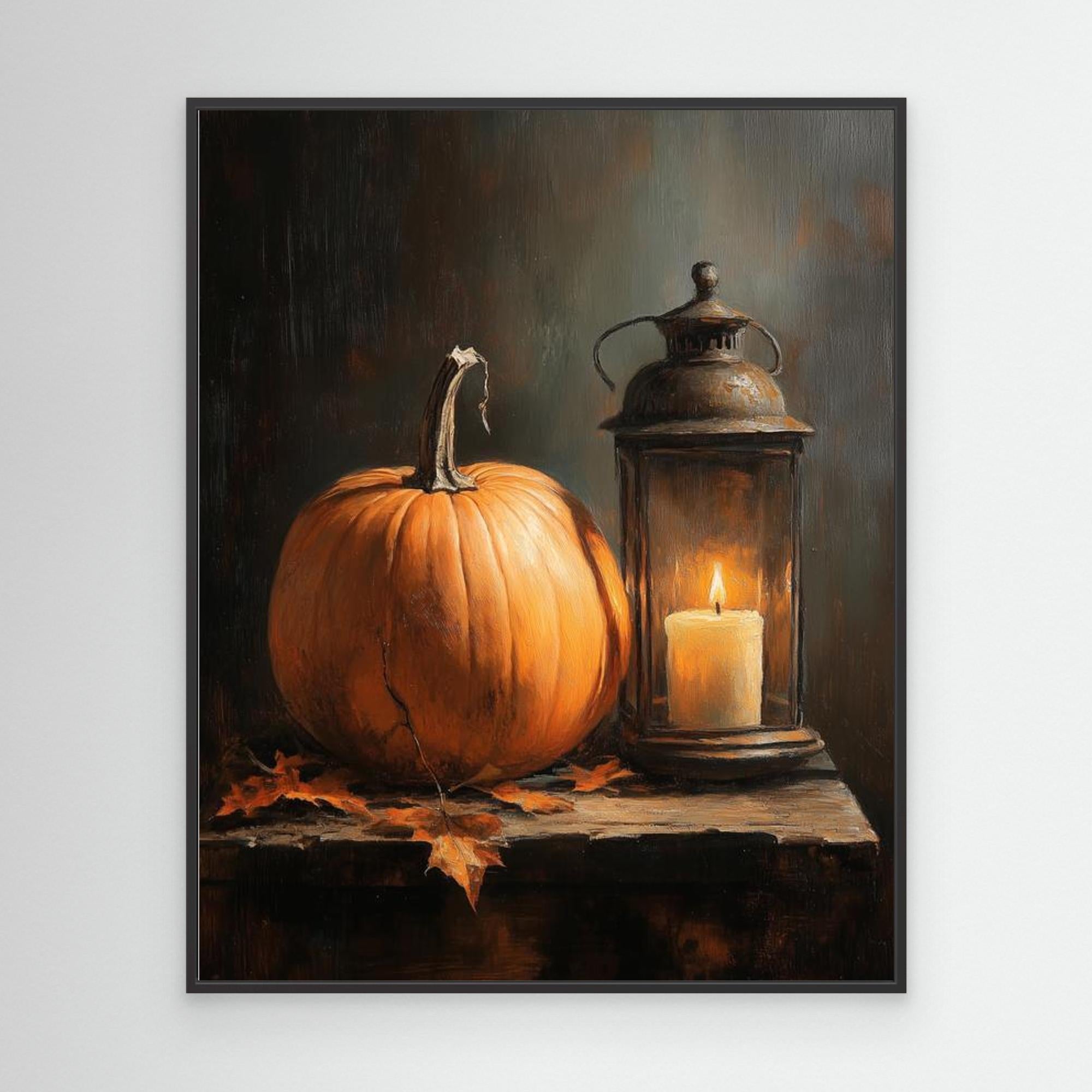 Rustic Autumn Pumpkin & Lantern Canvas Wall Art - Framed Pop Art
