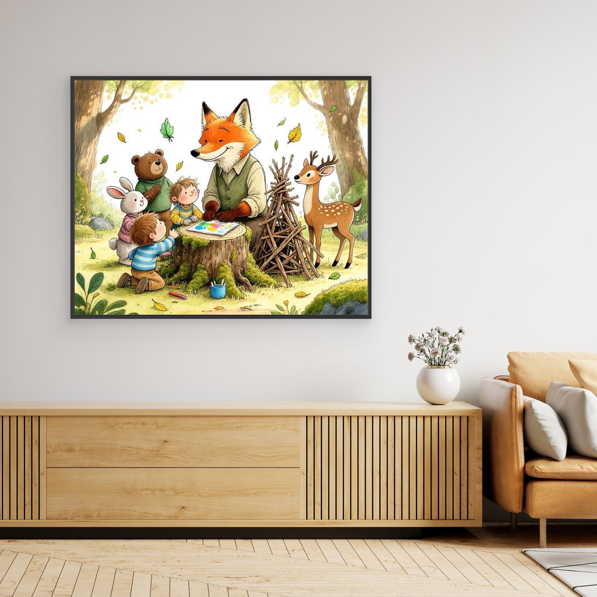 Woodland Classroom Fox Nursery Canvas Wall Art Print - Framed Pop Art