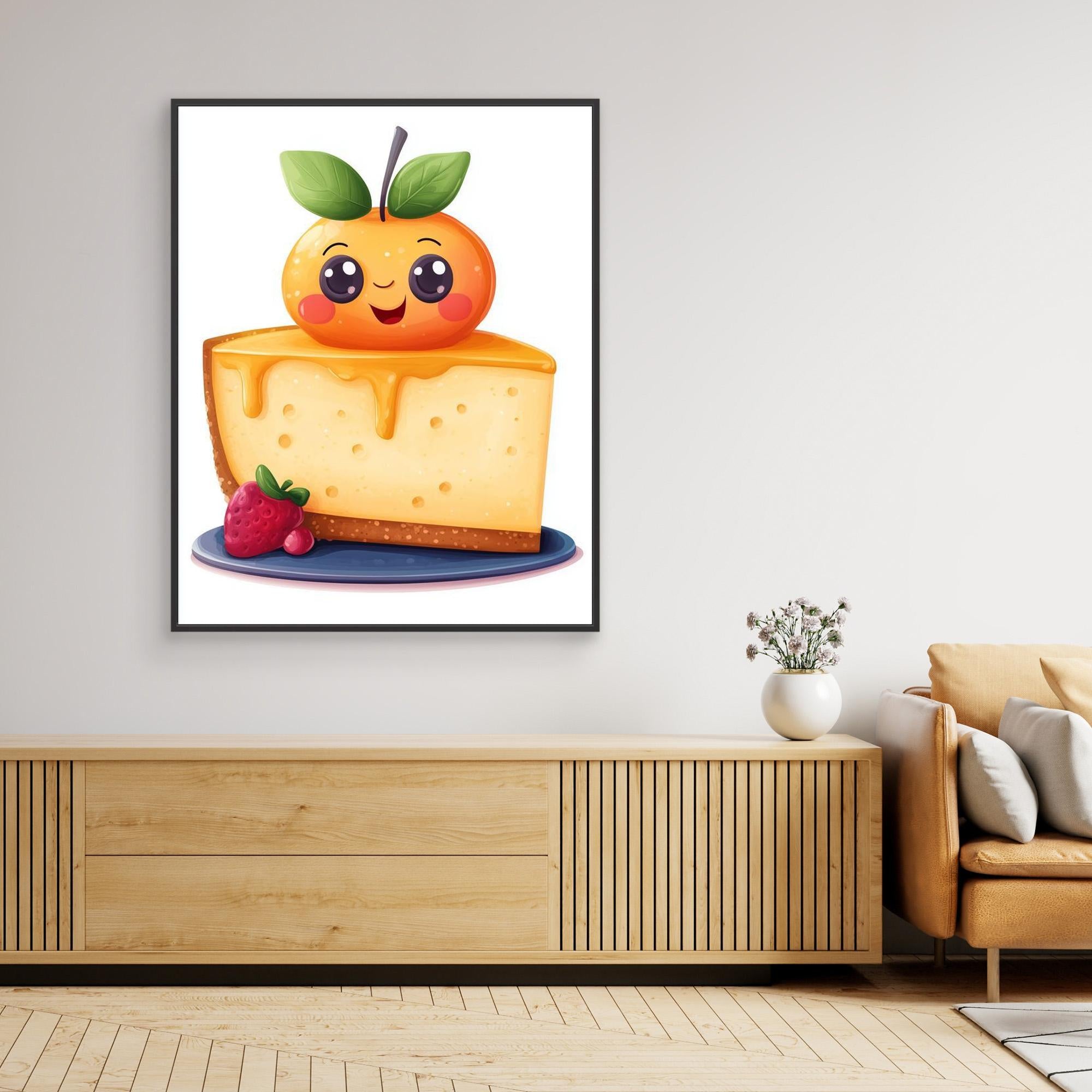Kawaii Orange Cheesecake Art Print | Cute Kitchen Wall Decor - Framed Pop Art
