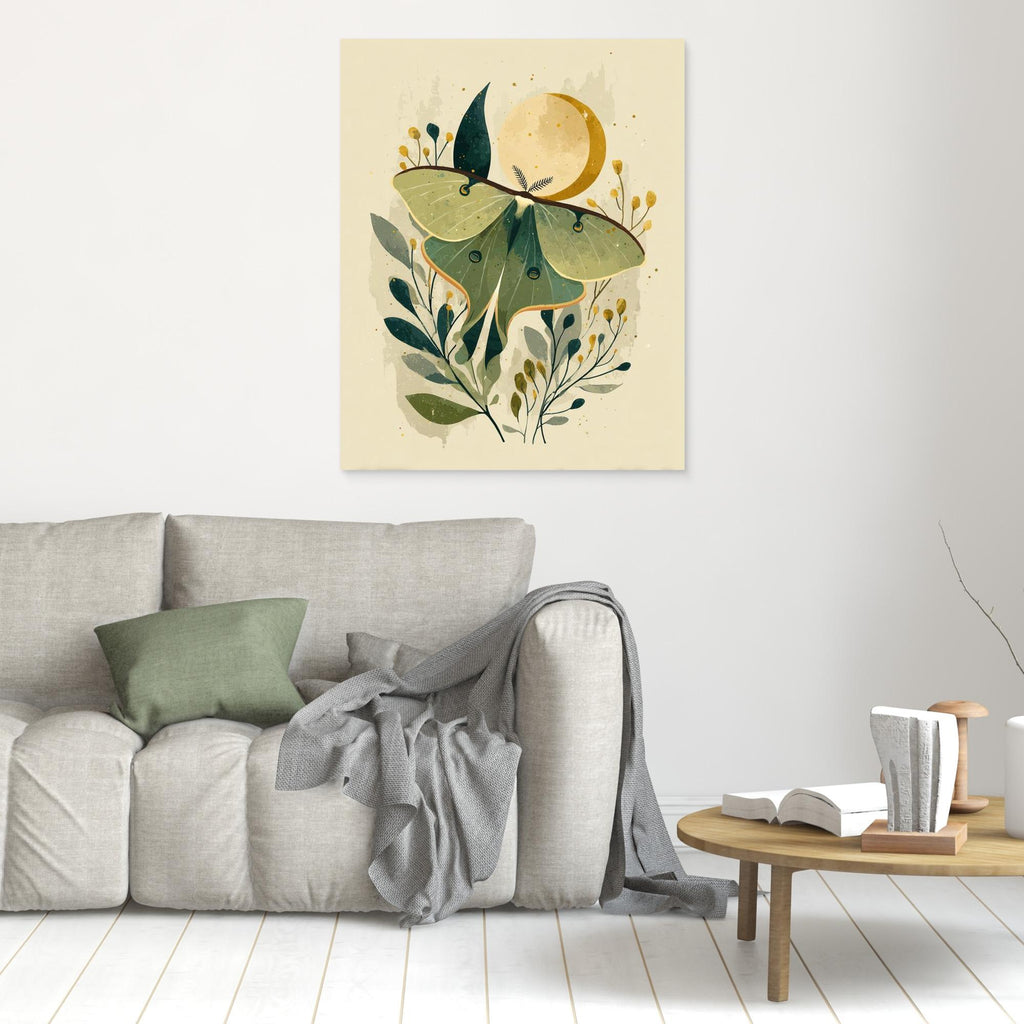 Luna Moth & Crescent Moon Art Print | Nature-Inspired Wall Decor | Nursery - Framed Pop Art