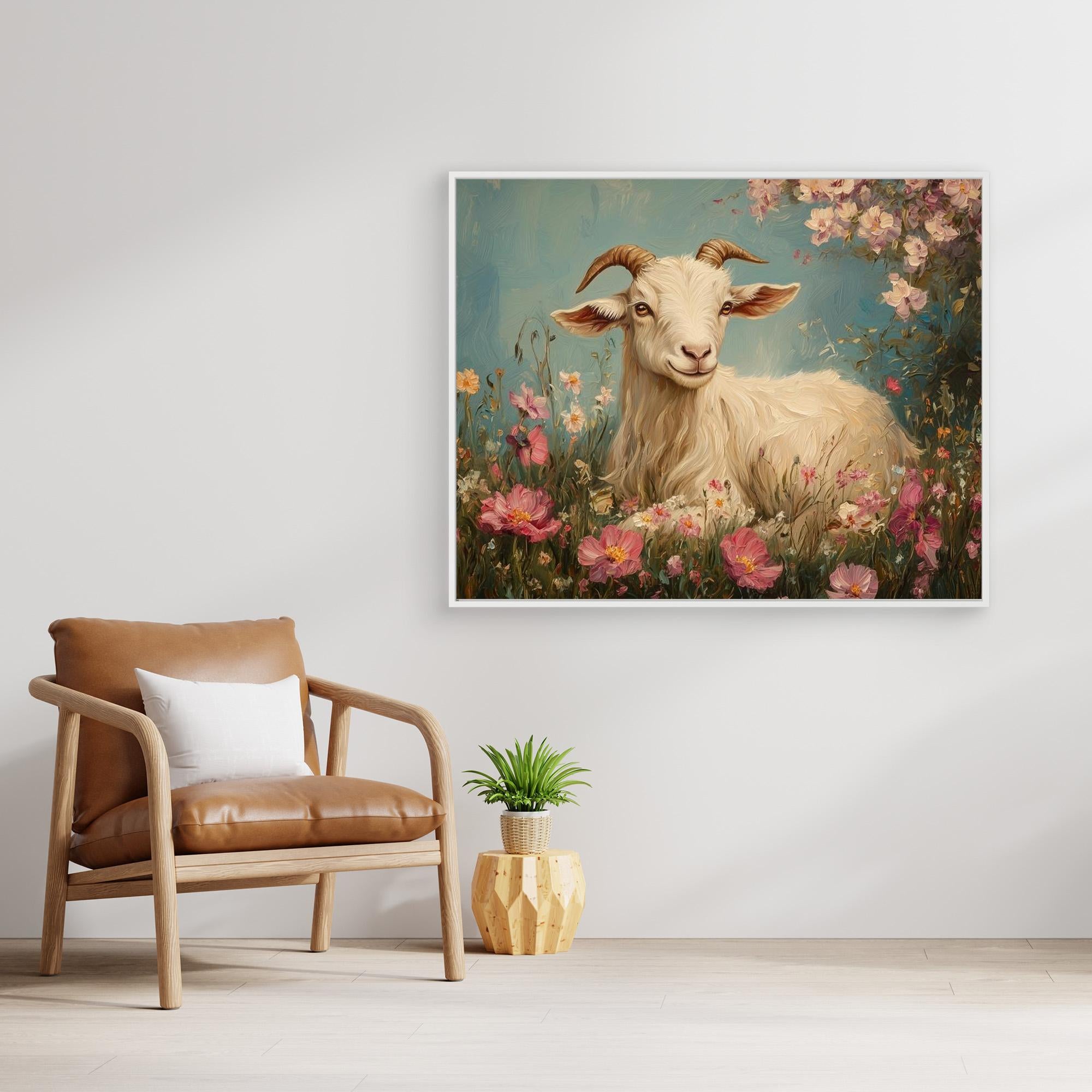 Whimsical Goat in Wildflowers Canvas Wall Art | Country Decor - Framed Pop Art
