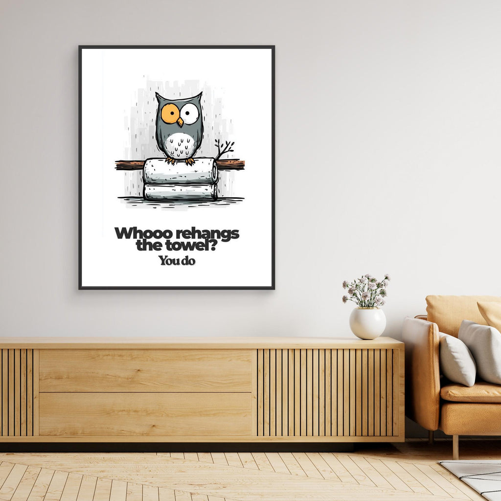 Funny Owl Bathroom Wall Art Print – Rehang The Towel - Framed Pop Art