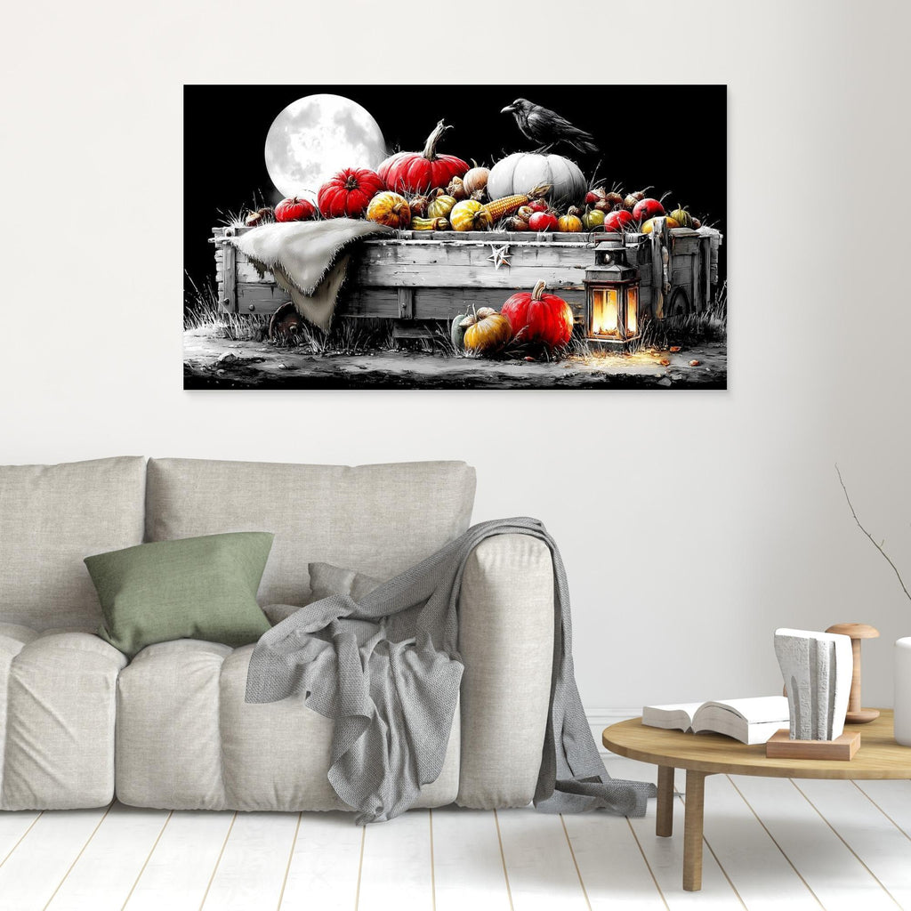 Moonlit Harvest Cart Halloween Canvas Wall Art Print - Framed Pop Art