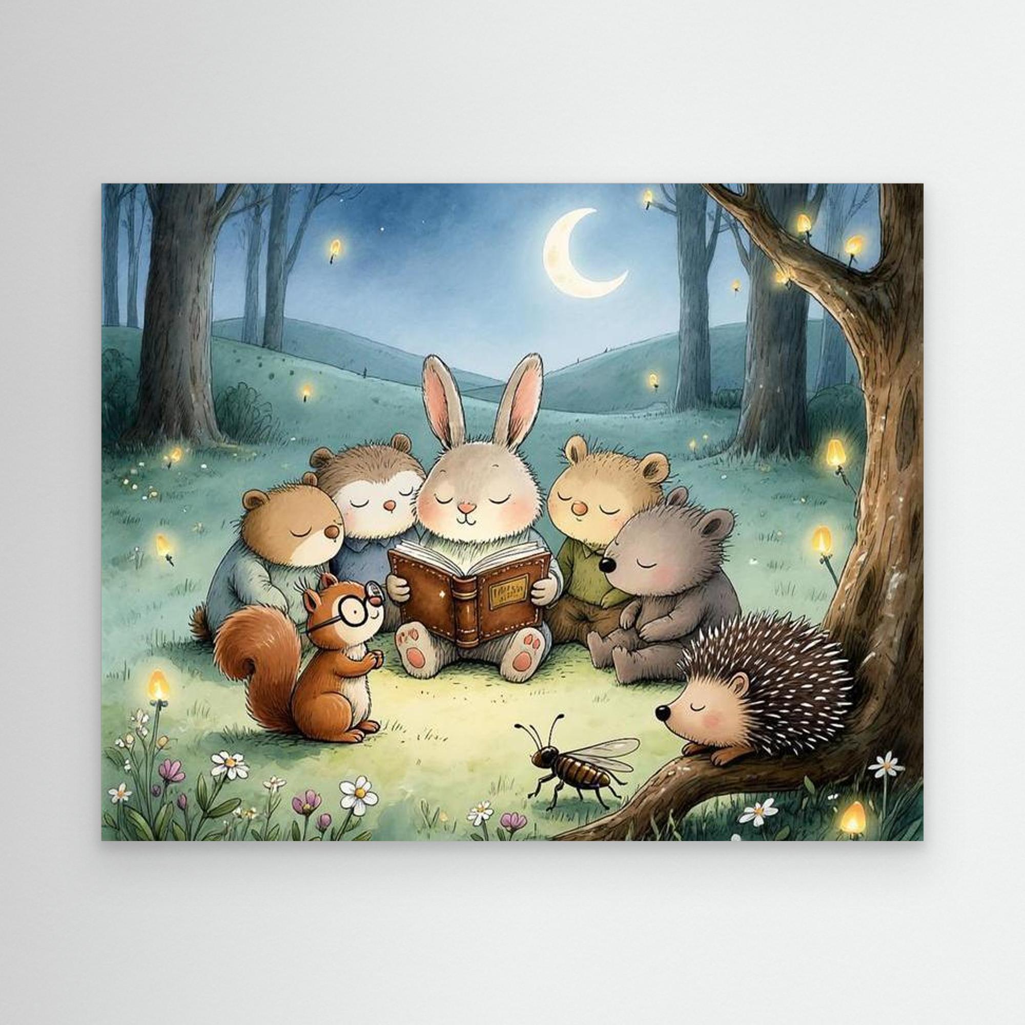Bedtime Story Woodland Nursery Canvas Wall Art Print - Framed Pop Art