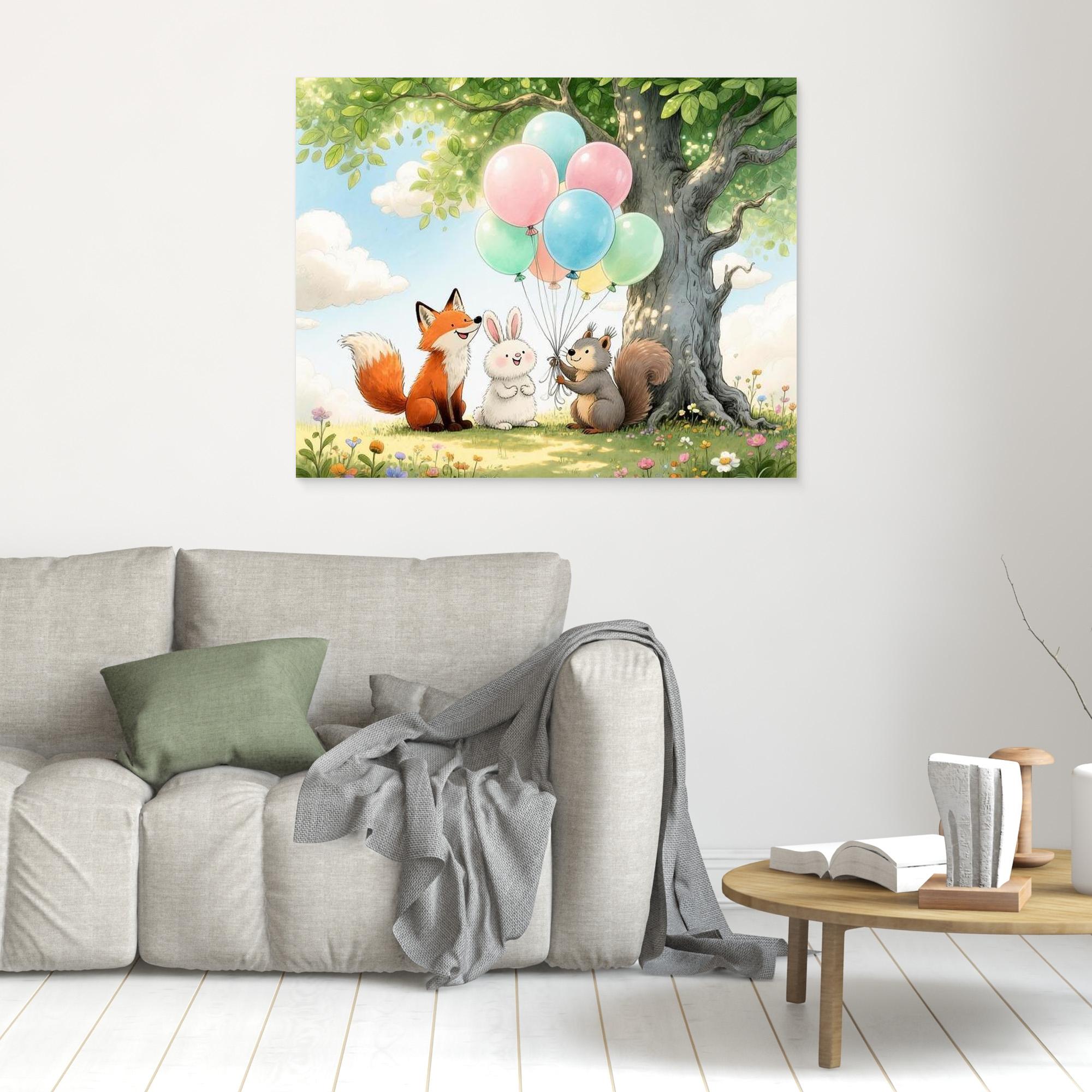 Woodland Animals Balloon Nursery Canvas Wall Art Print - Framed Pop Art