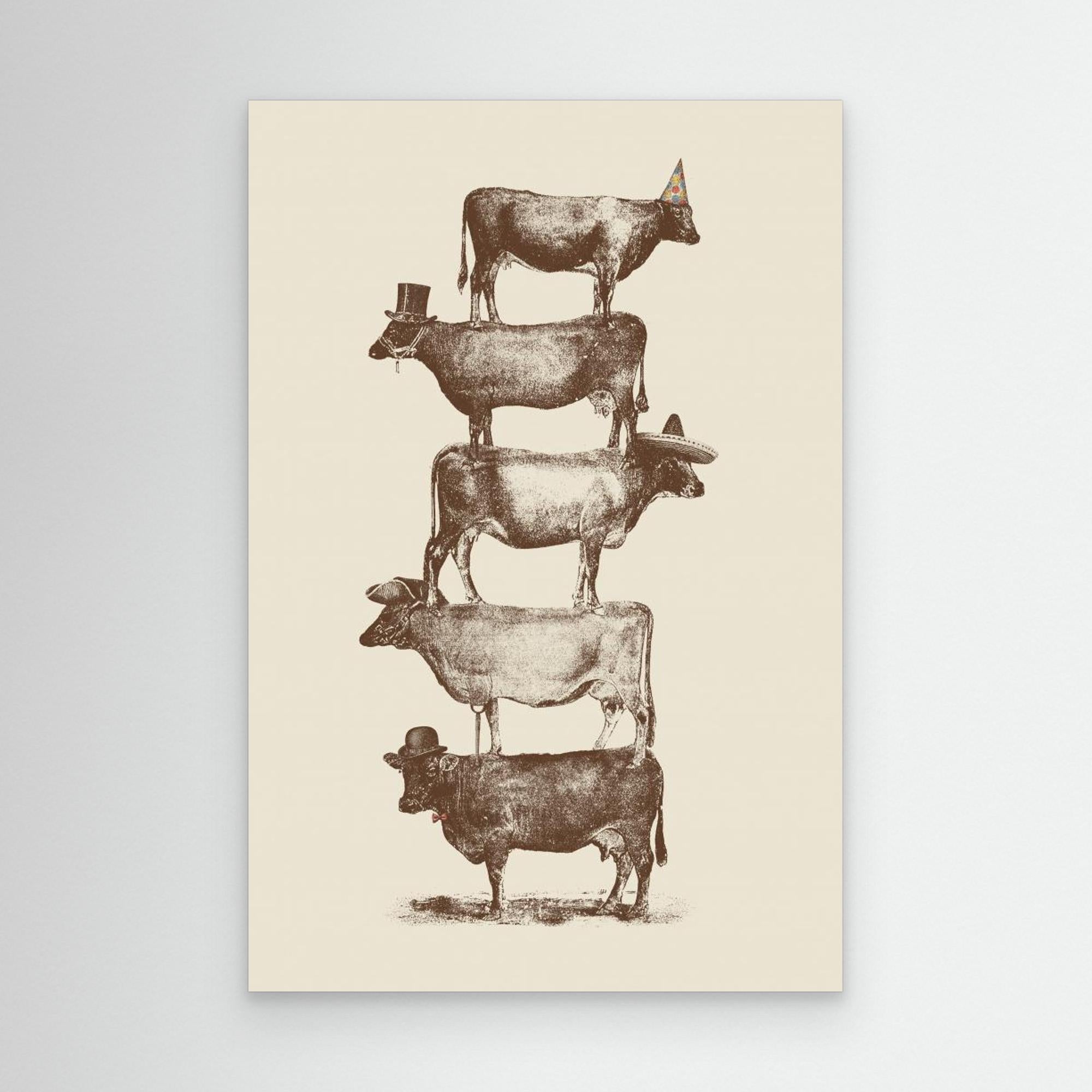 Hallway Wall Art – Quirky Stacked Cows Vintage Canvas Print - Framed Pop Art