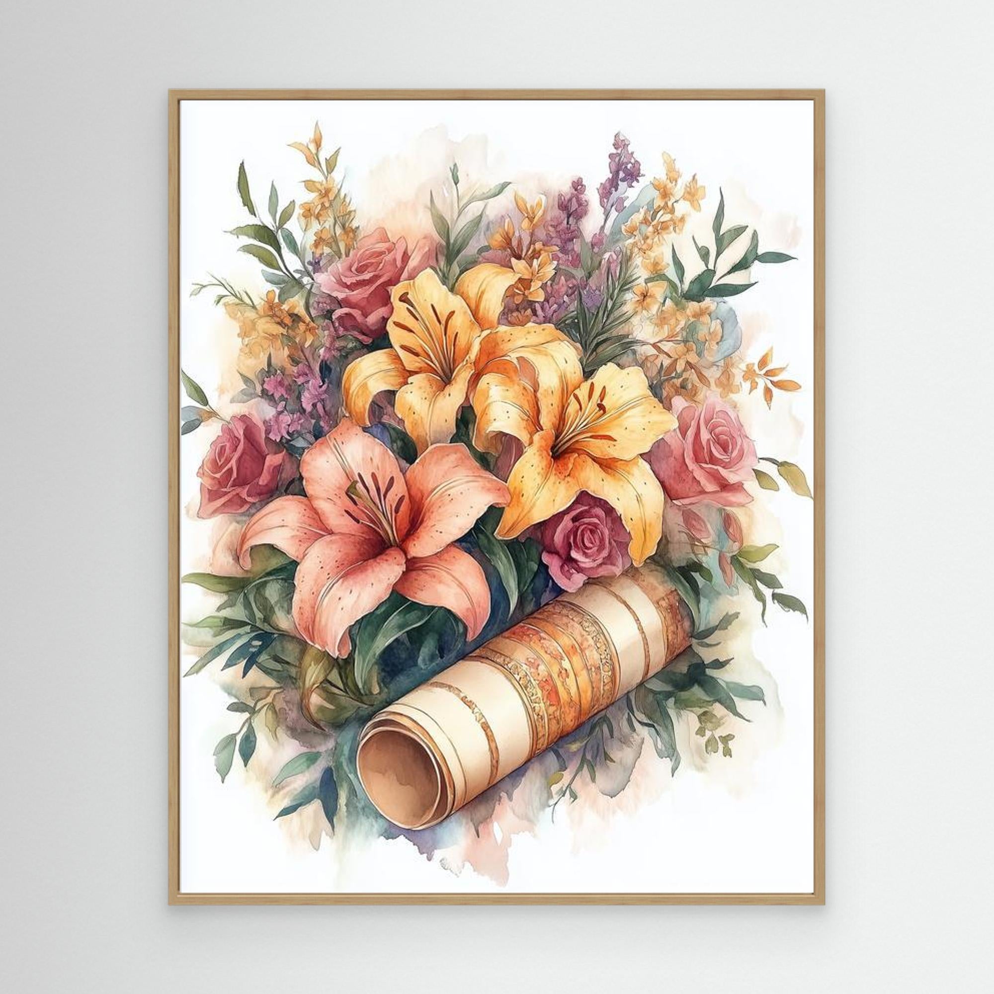 Vintage Lily & Rose Watercolour Floral Wall Art Print