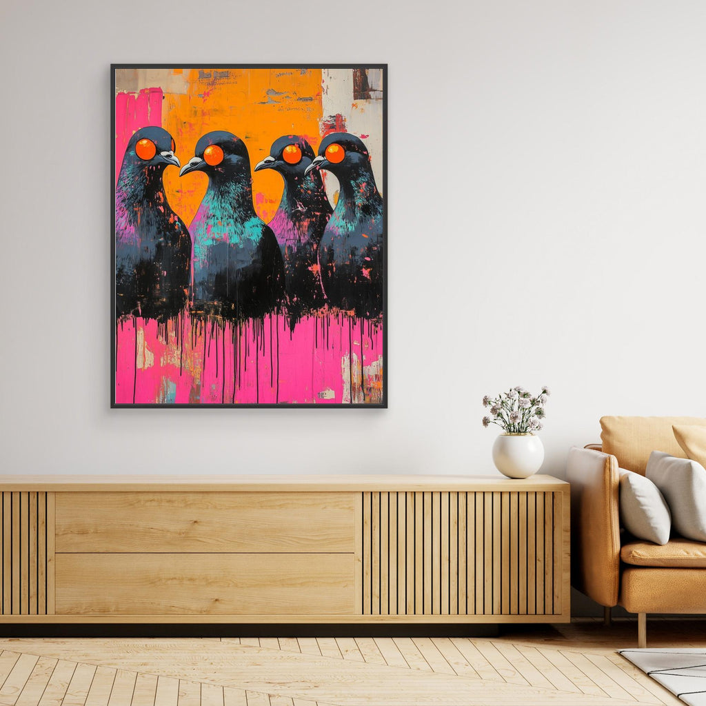 Neon Pigeon Wall Art Canvas for Modern Living Room - Framed Pop Art