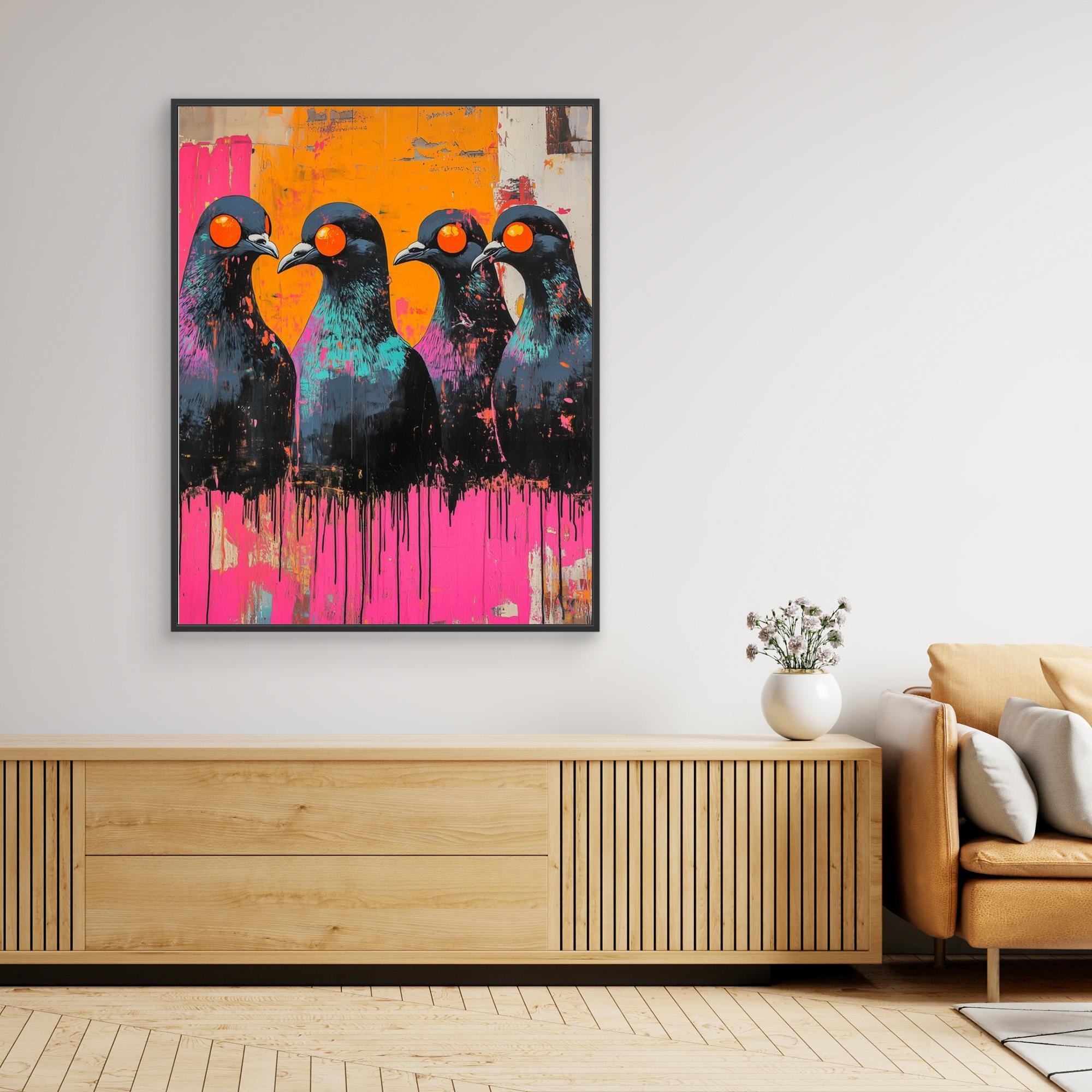 Neon Pigeon Wall Art Canvas for Modern Living Room - Framed Pop Art