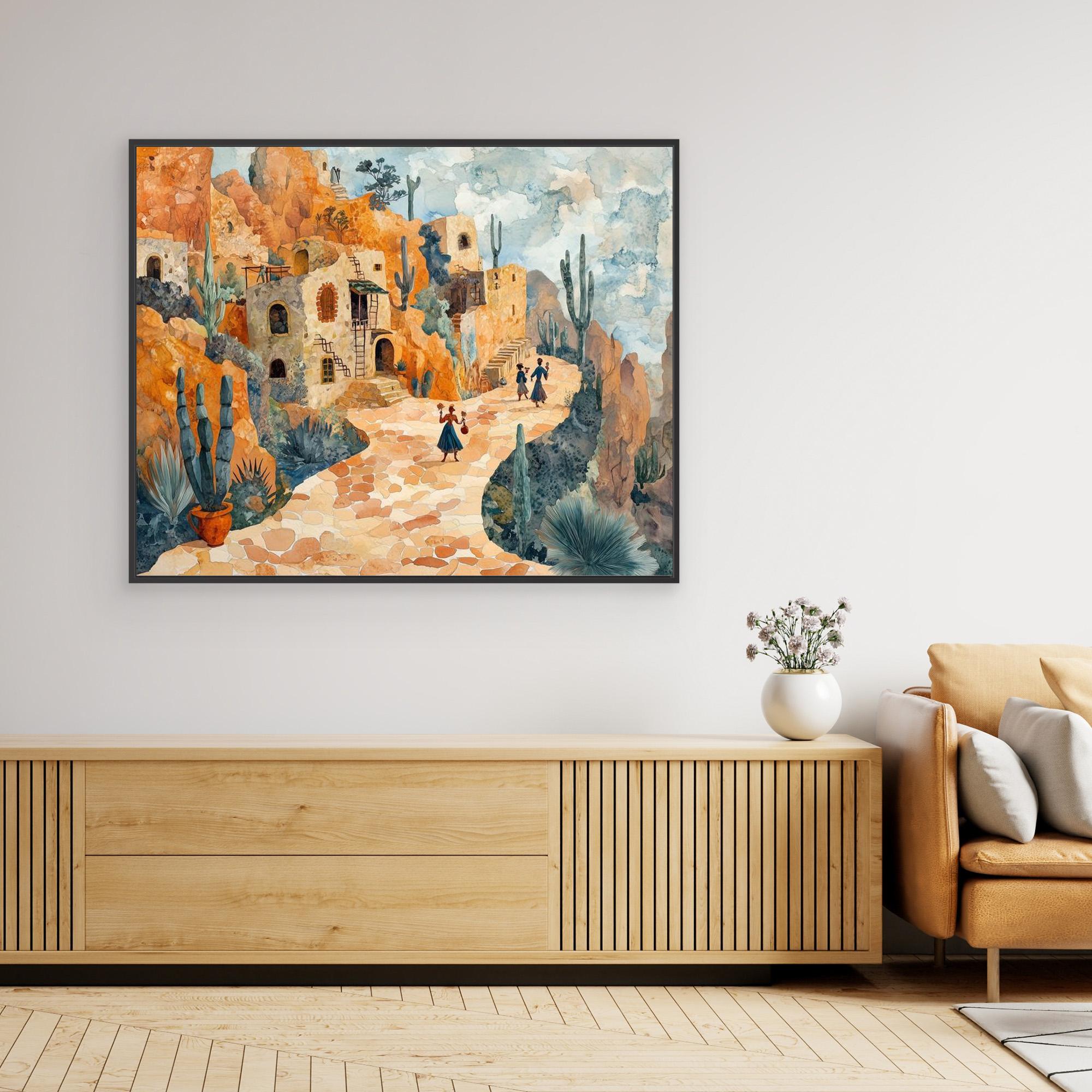 Desert Village Watercolor Canvas Print | Warm Sun-Drenched Art - Framed Pop Art
