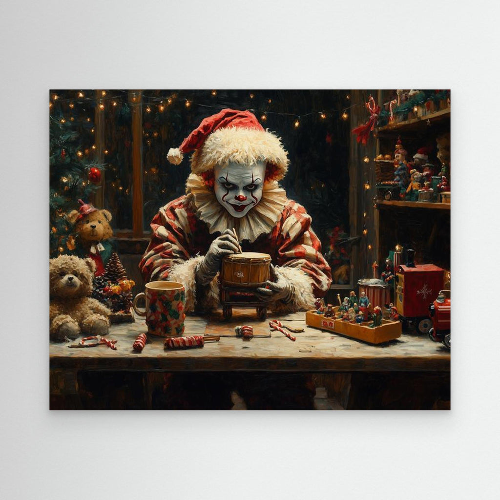 Creepy Christmas Clown Toy Workshop Canvas Print - Framed Pop Art