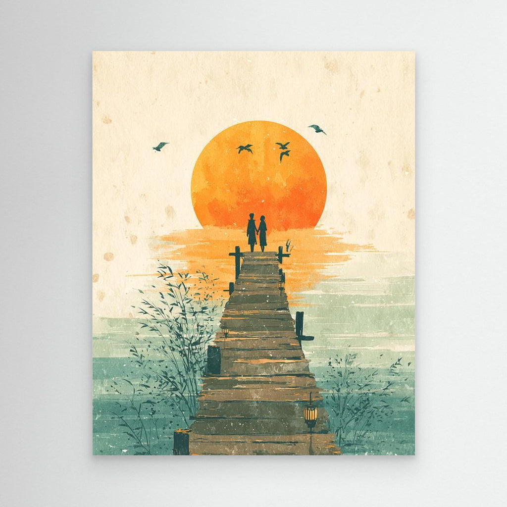 Romantic Lakeside Sunset Pier Framed Canvas Print Art - Framed Pop Art