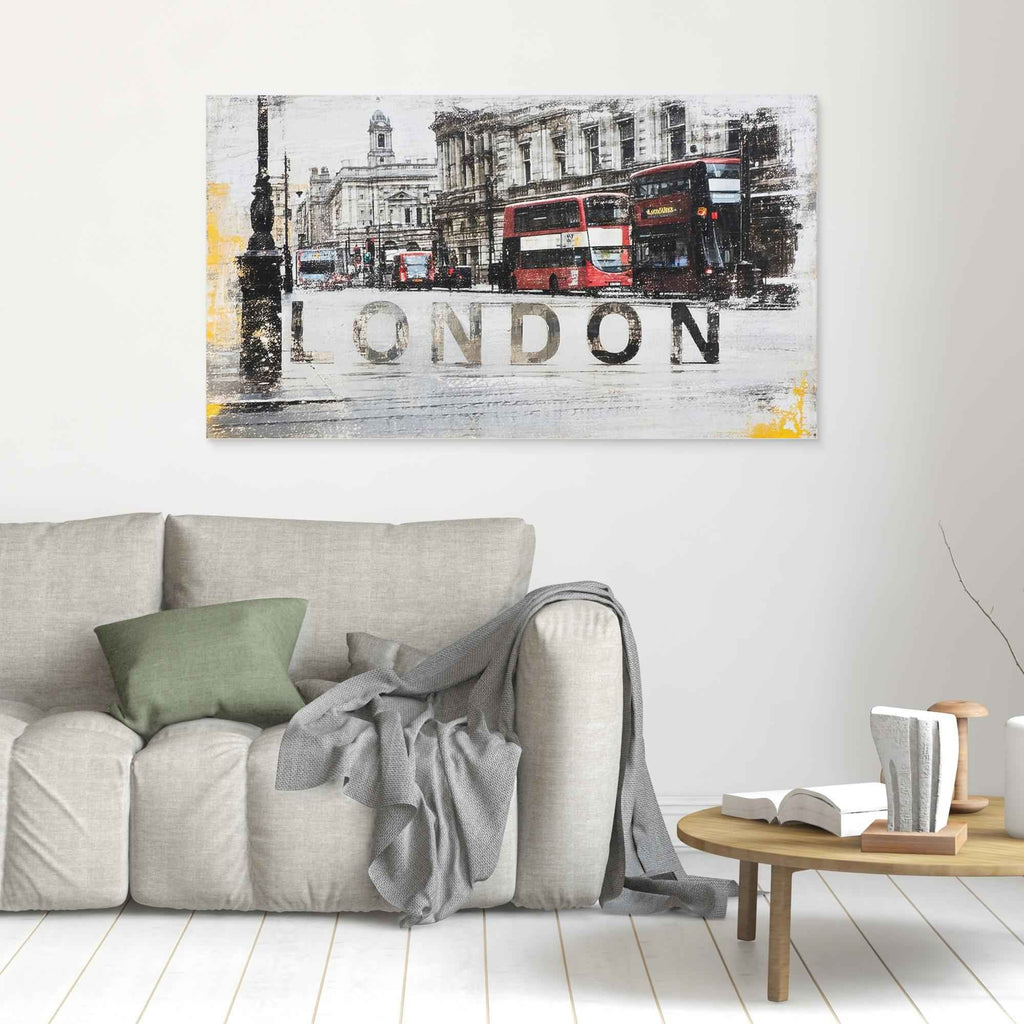 London Cityscape Red Bus Canvas Art - Framed Pop Art