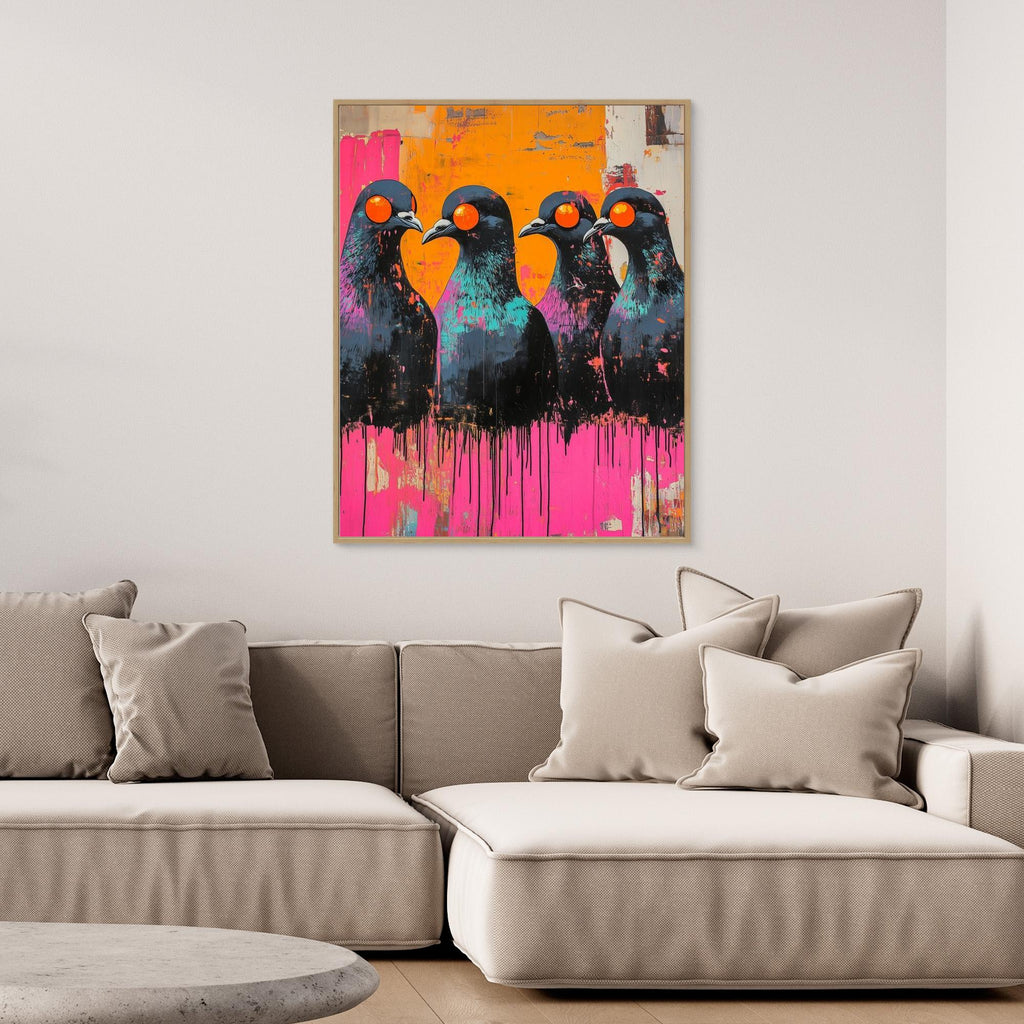 Neon Pigeon Wall Art Canvas for Modern Living Room - Framed Pop Art