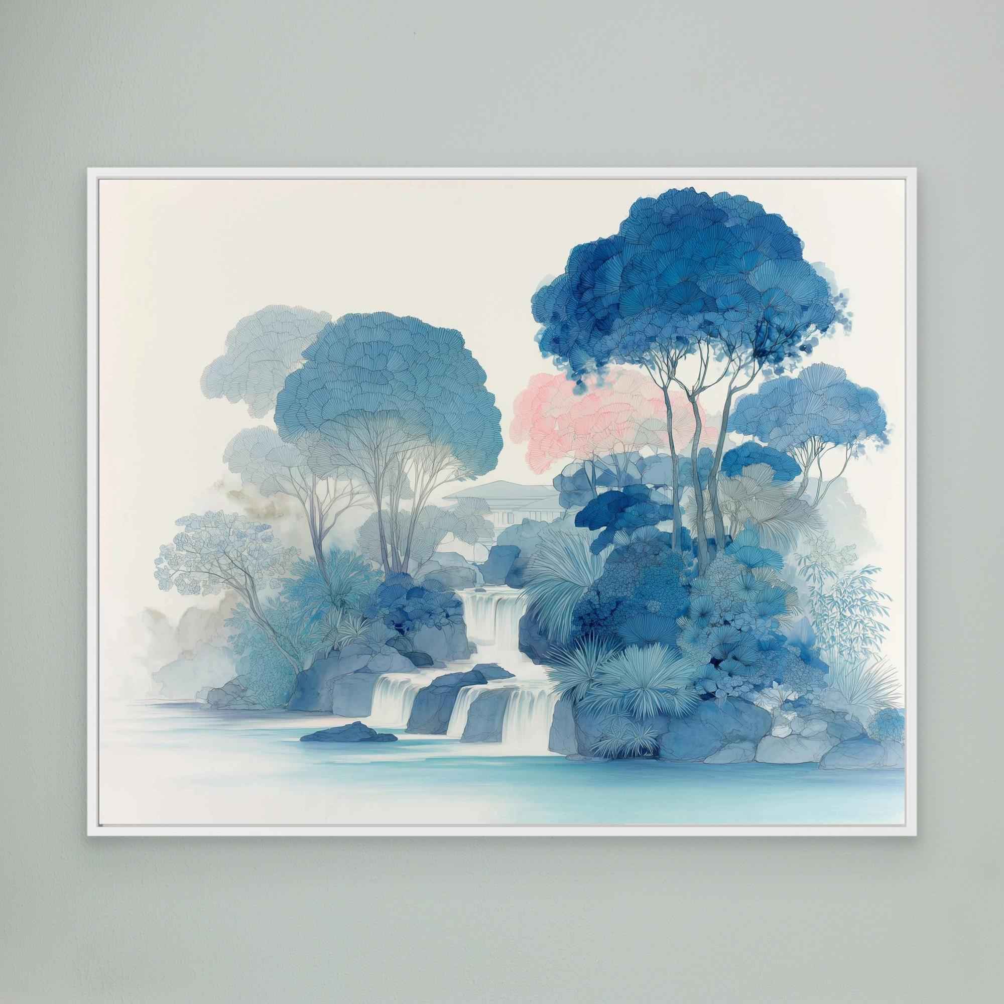 Blue Waterfall Forest Canvas Wall Art Print - Framed Pop Art