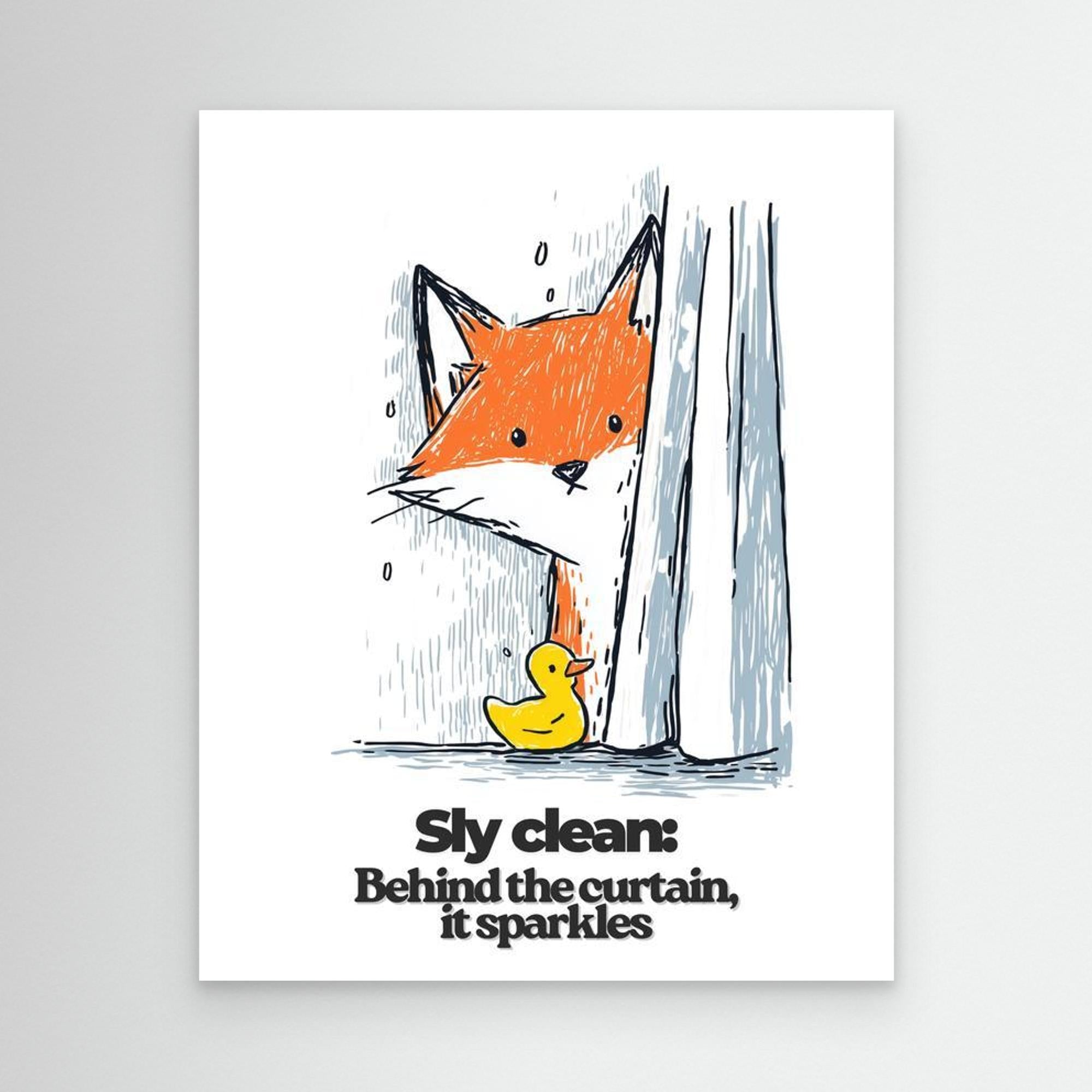 Sly Clean Fox & Rubber Duck Art Print | Fun Bathroom Wall Decor