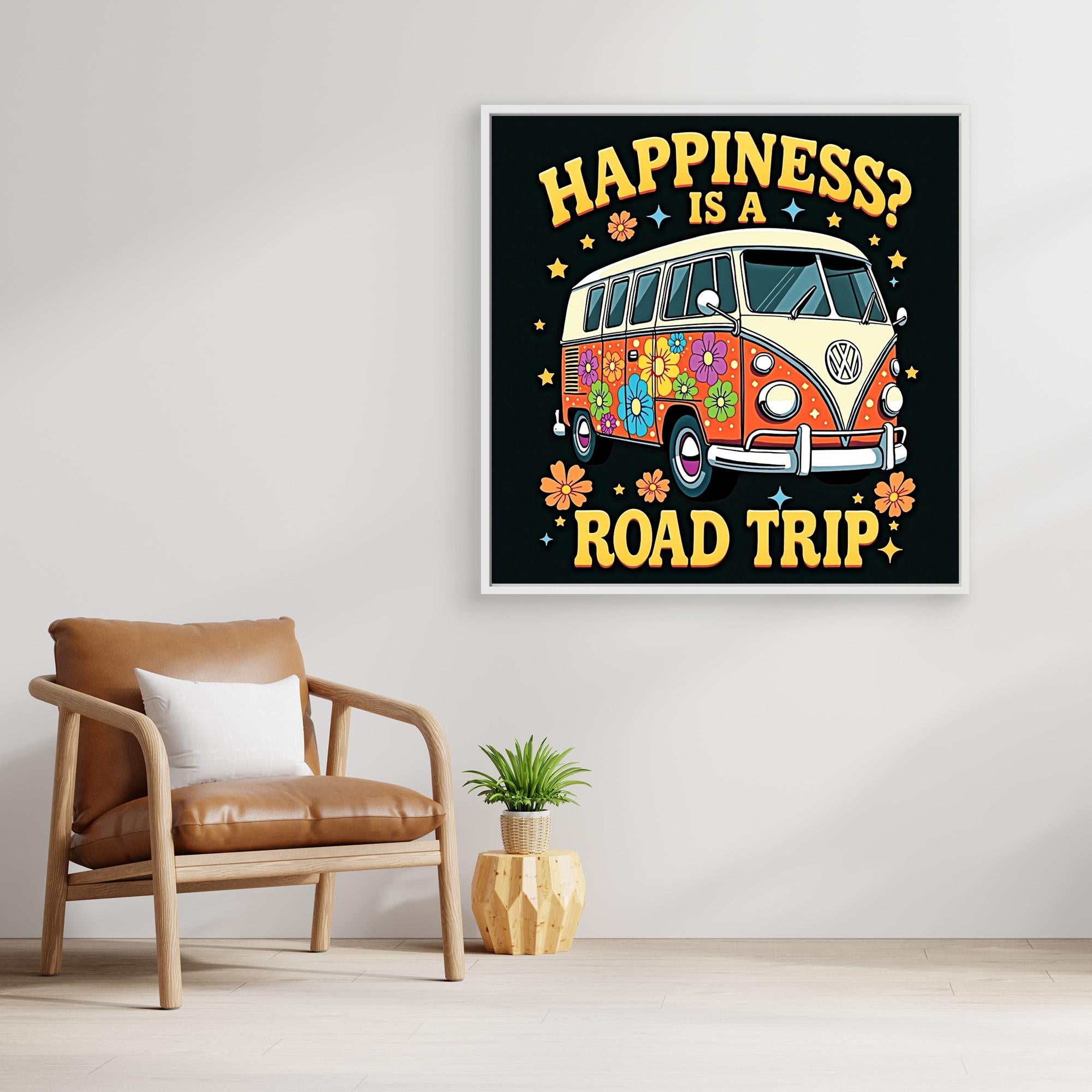 Happiness Is A Road Trip VW Bus Canvas Art | Retro Wall Decor - Framed Pop Art