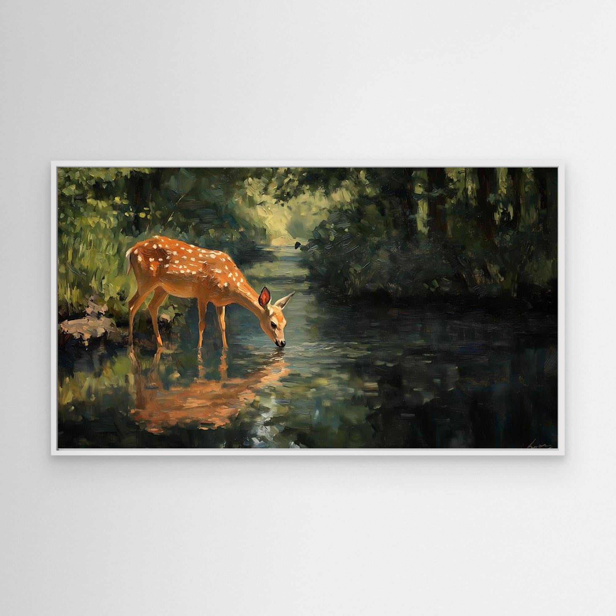 Tranquil Deer in Forest Stream Canvas Wall Art