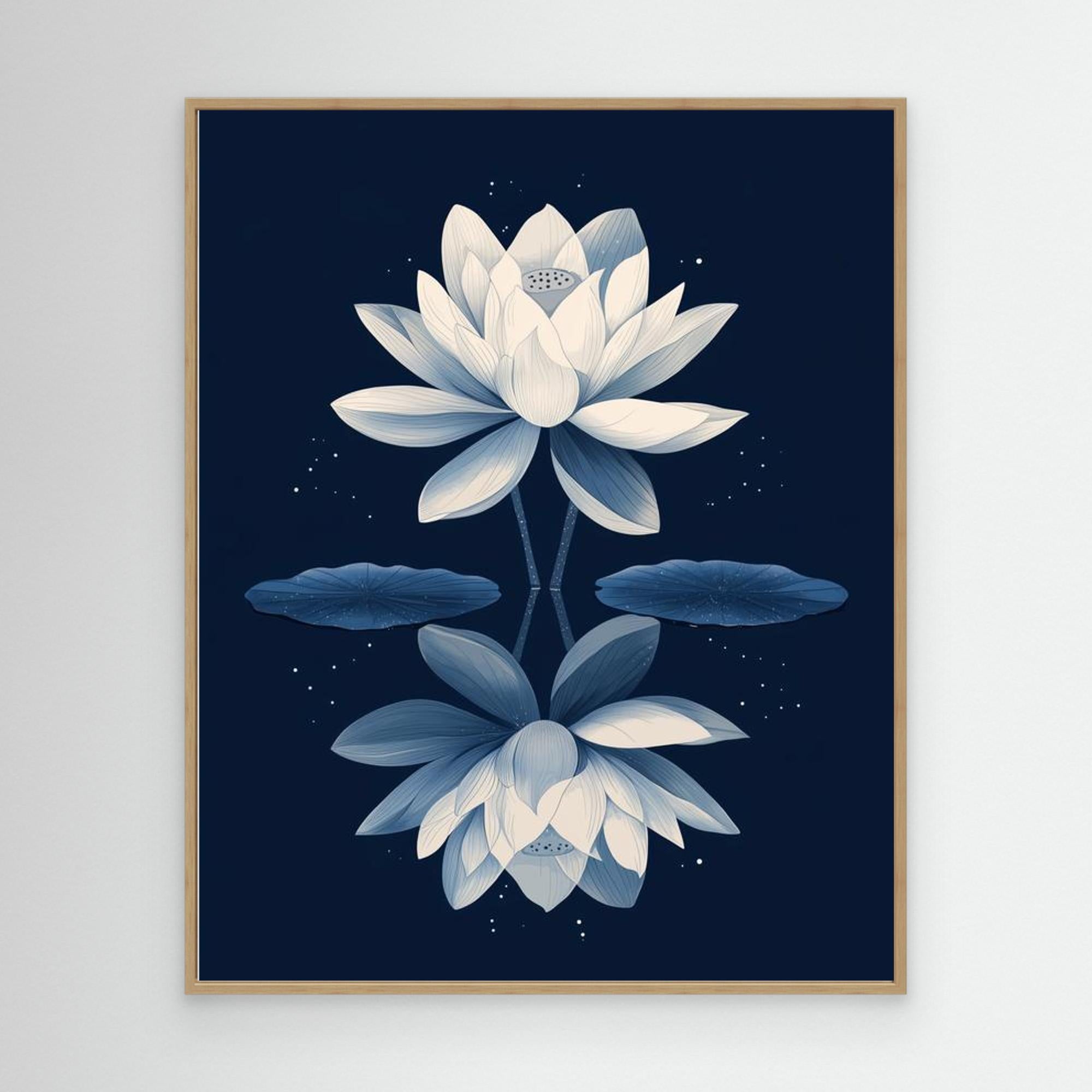 Navy Blue Lotus Flower Mirror Art Print | Zen Wall Decor - Framed Pop Art