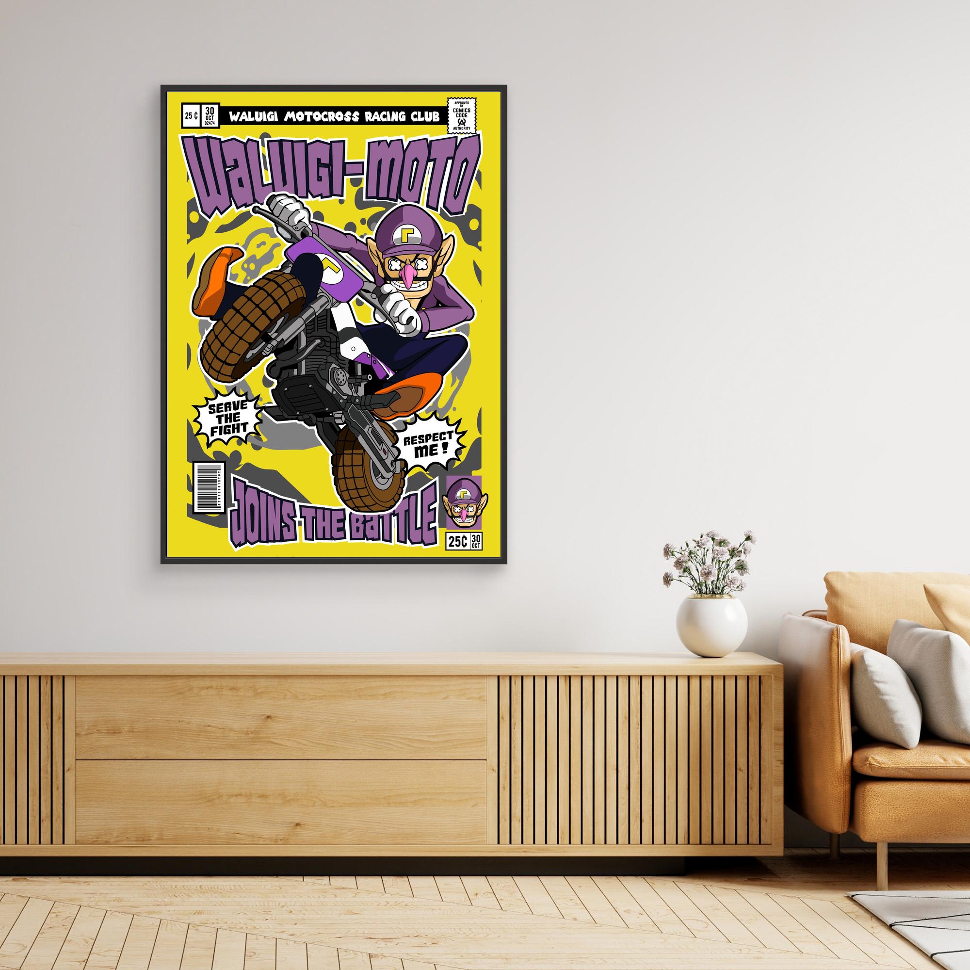 Waluigi Motocross Comic Poster | Gaming Room Wall Art - Framed Pop Art