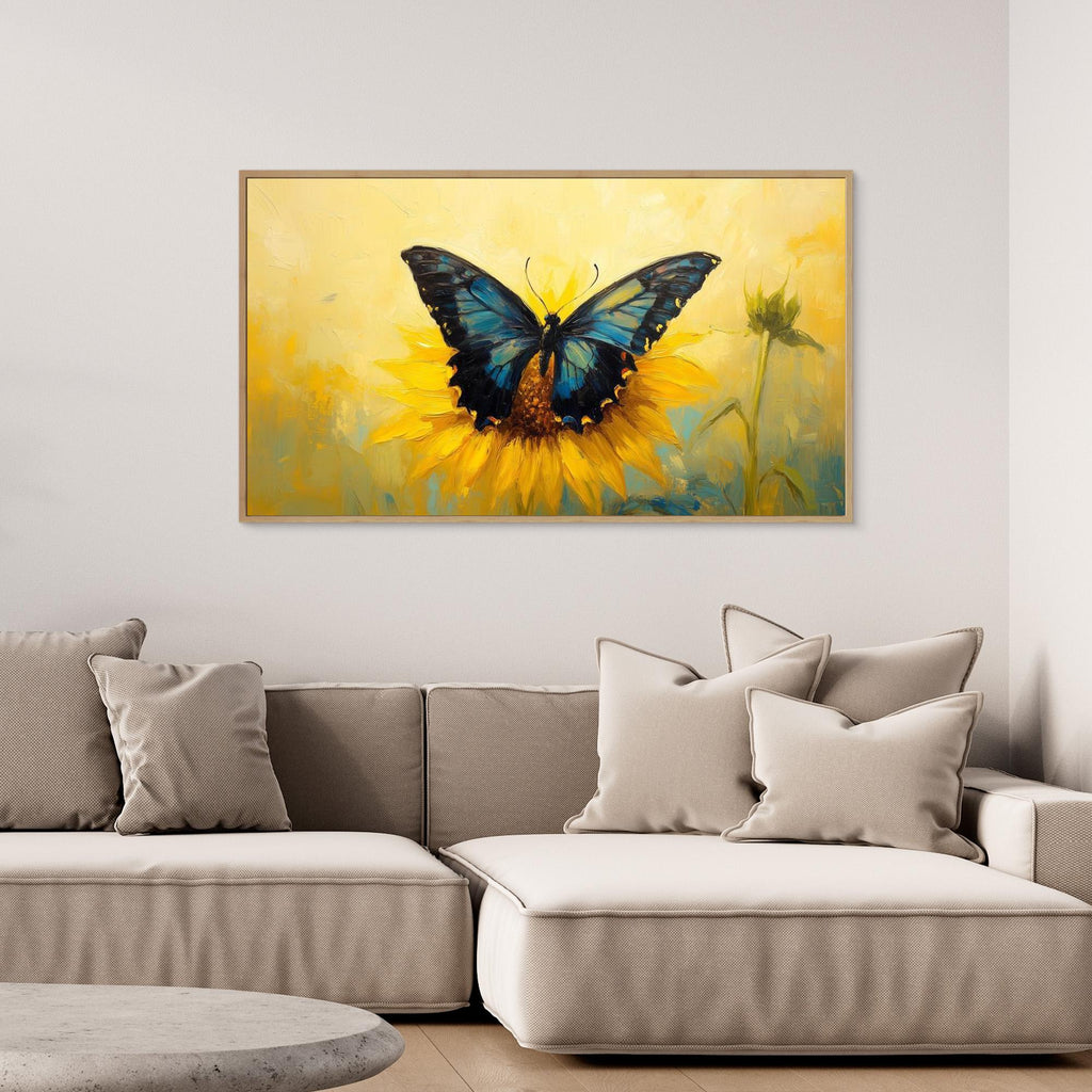 Blue Butterfly & Sunflower Canvas Wall Art | Framed Print - Framed Pop Art