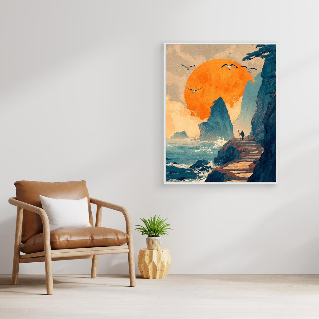 Dramatic Sunset Clifftop Seascape Framed Canvas Art - Framed Pop Art