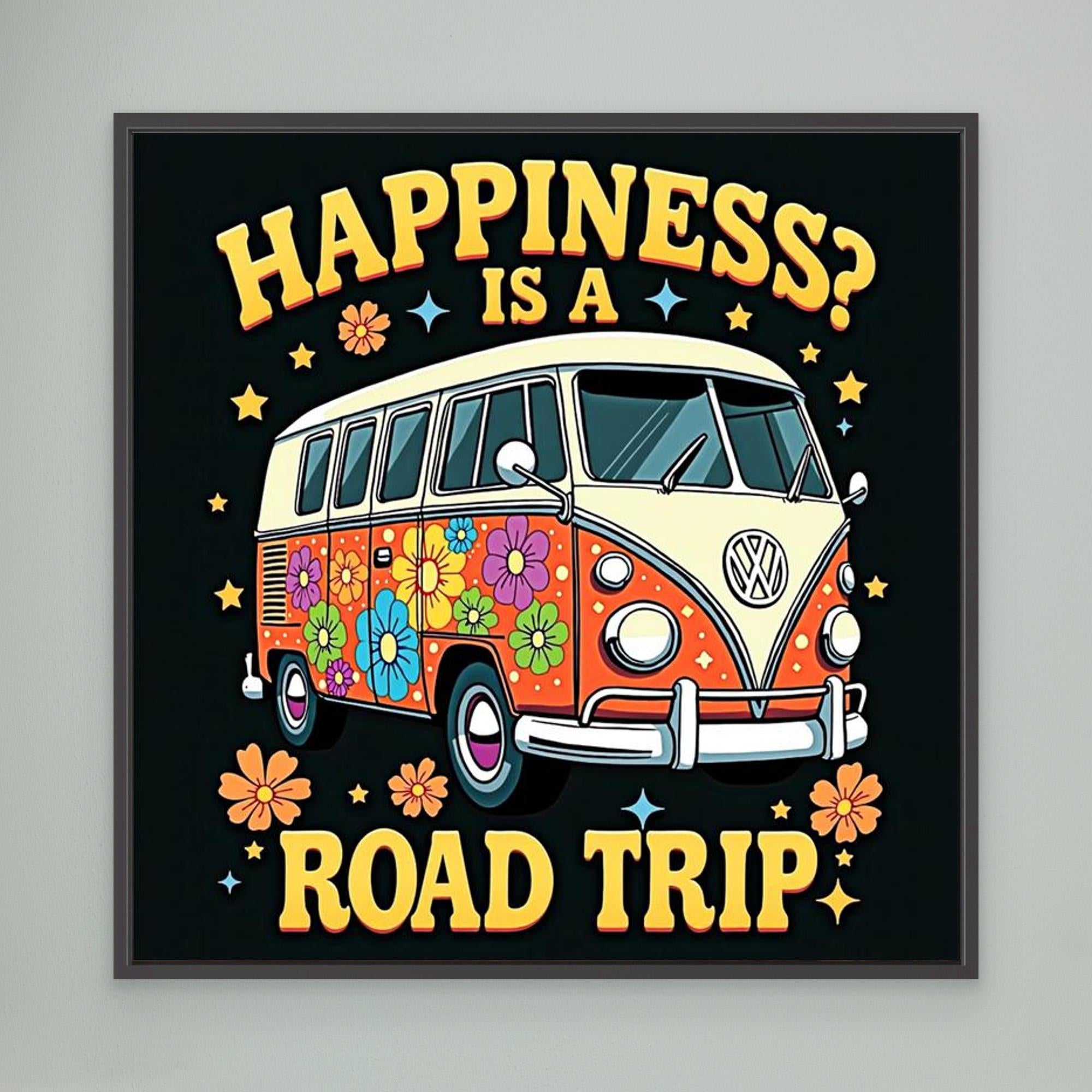 Happiness Is A Road Trip VW Bus Canvas Art | Retro Wall Decor - Framed Pop Art