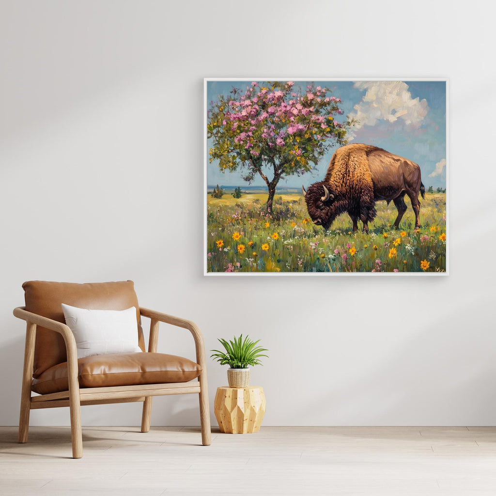 Bison in Spring Bloom Canvas Wall Art | Framed Animal Print - Framed Pop Art