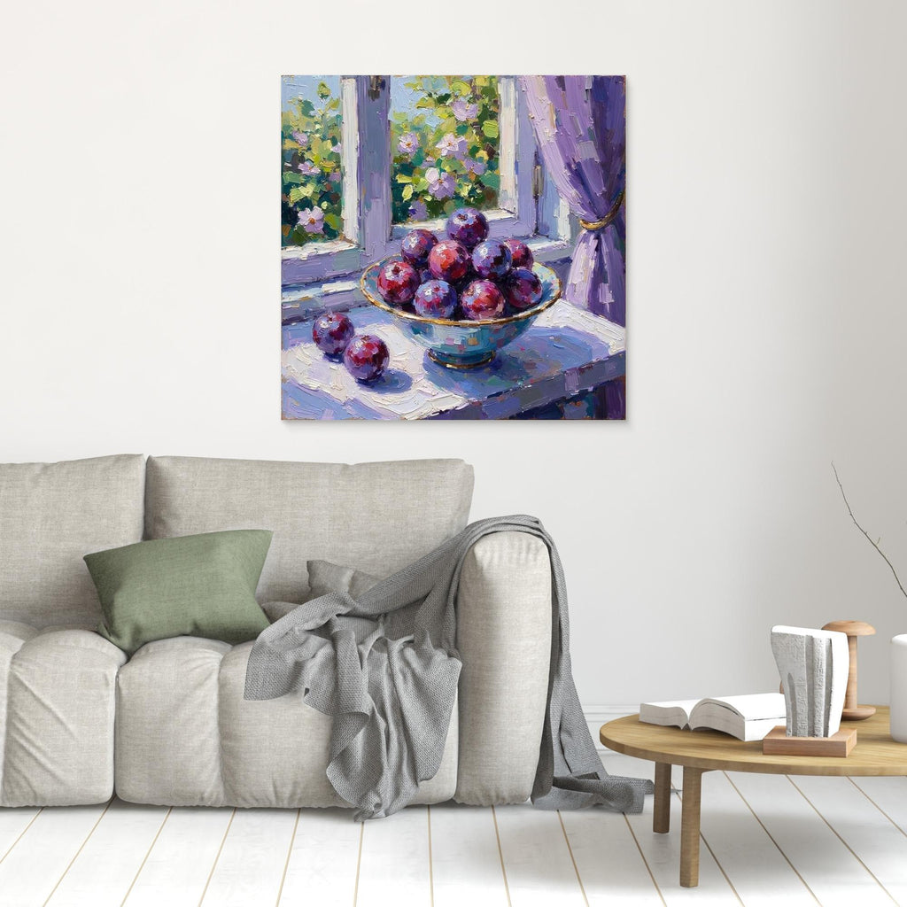 Purple Plum Still Life Canvas | Kitchen & Hallway Wall Art - Framed Pop Art