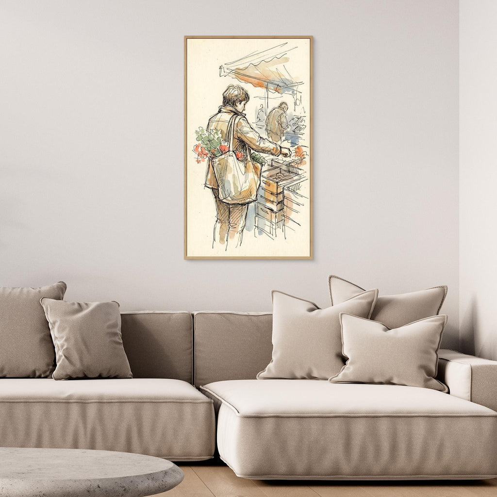 European Market Scene Framed Canvas Wall Art | Sketch Style - Framed Pop Art