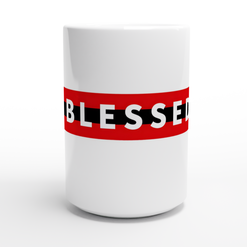 Blessed Ceramic Coffee Mug | 15oz Red & Black Stripe Design - Framed Pop Art