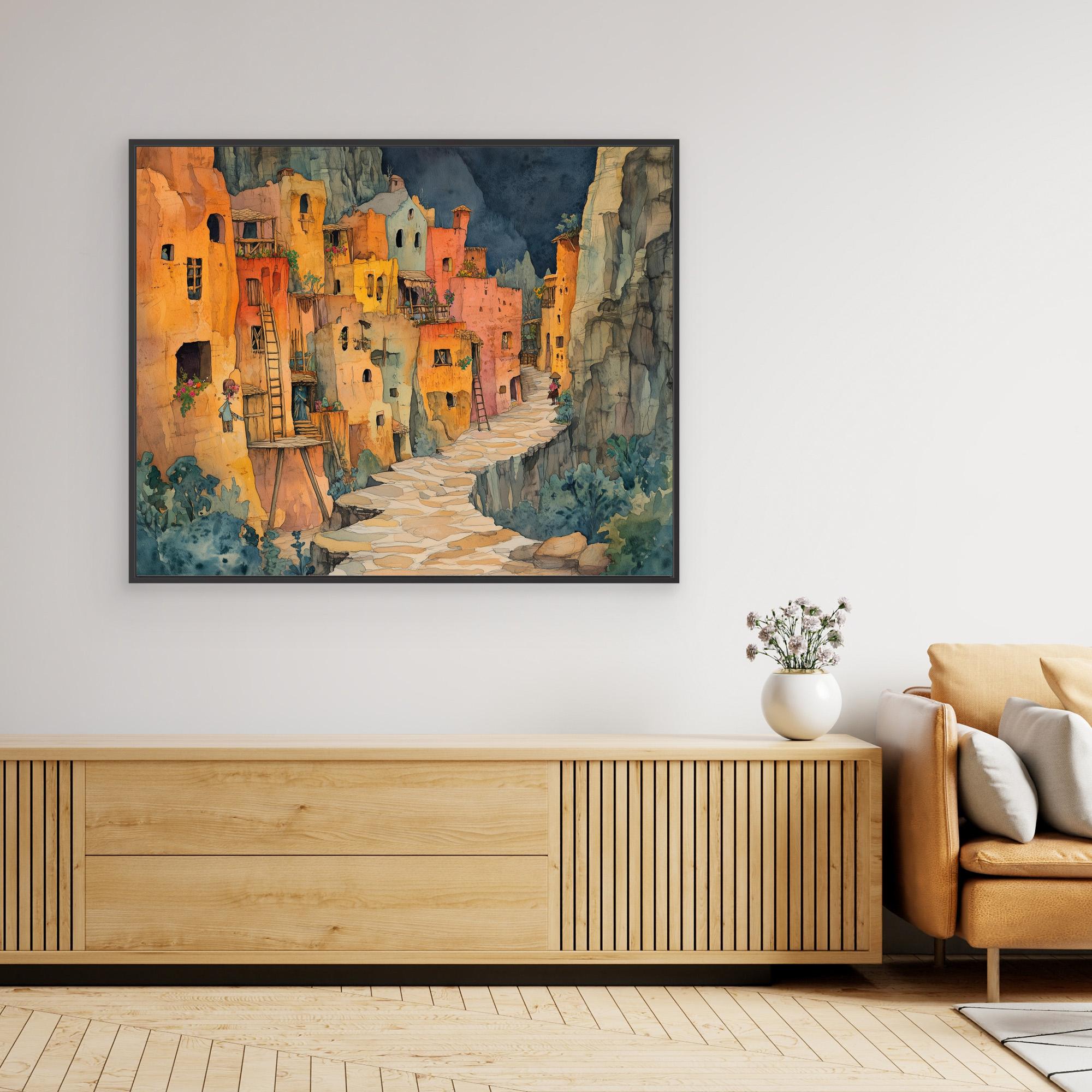 Watercolour Cliffside Village Canvas Print Hallway Art - Framed Pop Art