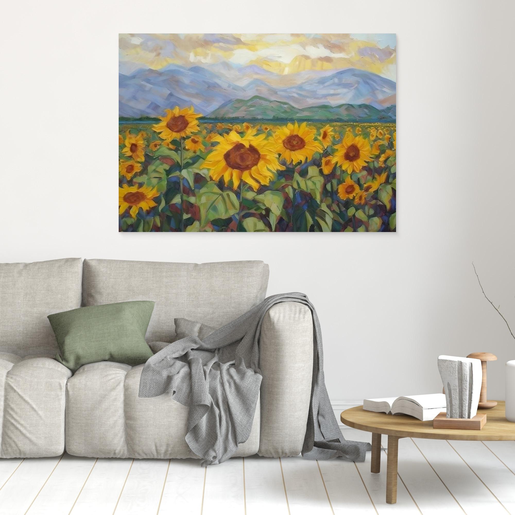 Sunflower Field Mountain Landscape | Hallway Wall Art - Framed Pop Art